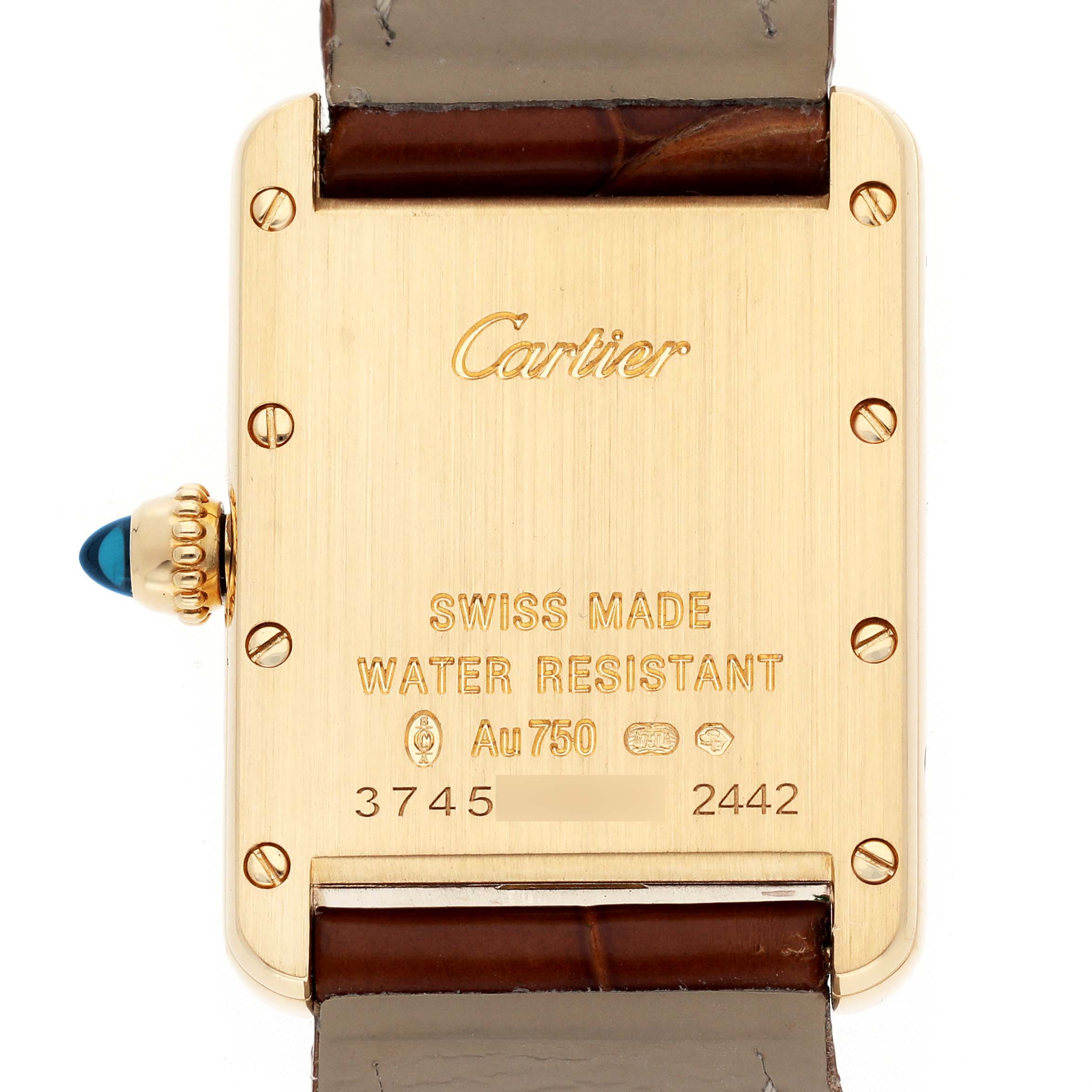 The image shows the back of a Cartier Tank Louis W1529856 Women
s Yellow Gold Silver Dial W1529856 Women
s Yellow Gold Silver Dial watch, highlighting the case, markings, and crown.