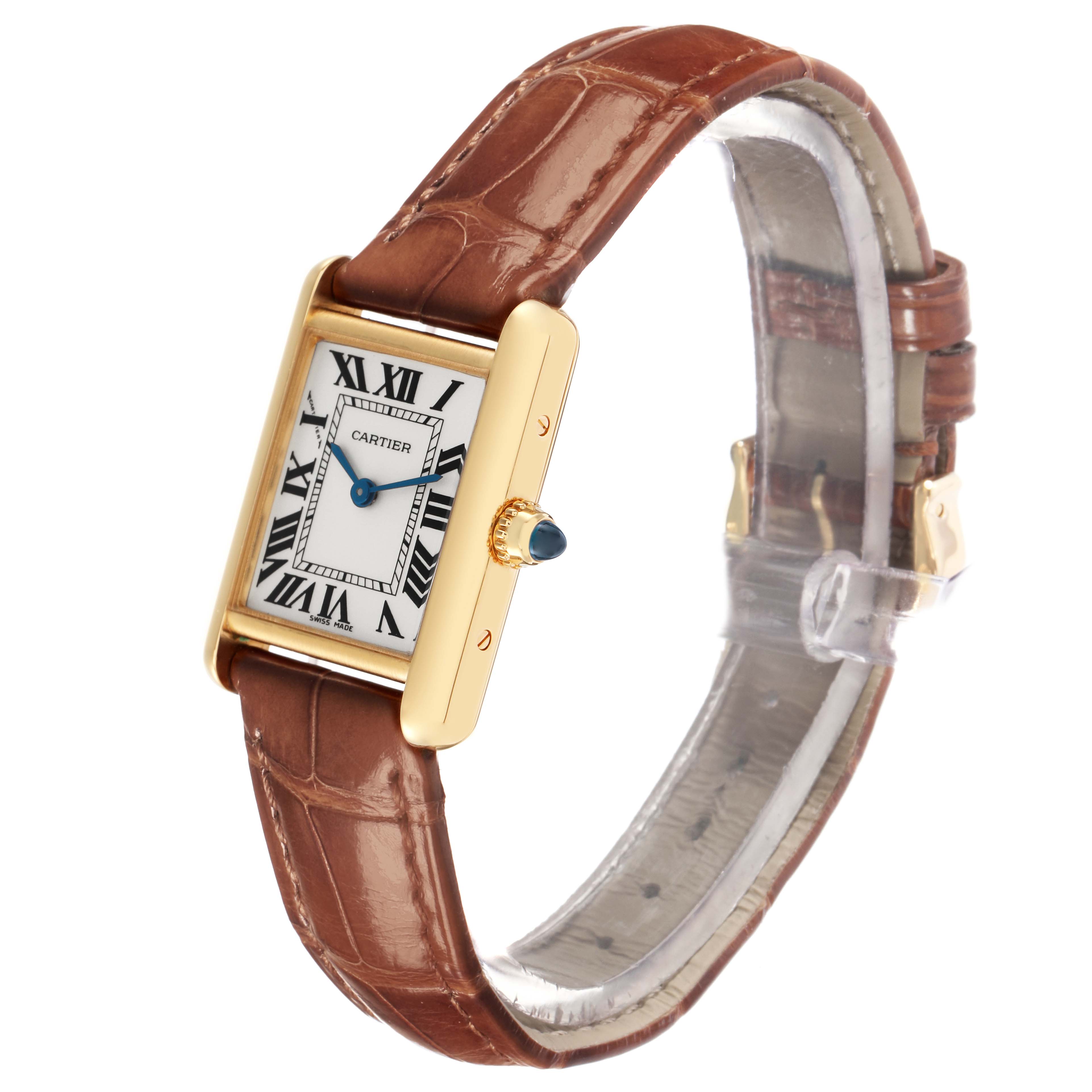 The Cartier Tank Louis W1529856 Women
s Yellow Gold Silver Dial W1529856 Women
s Yellow Gold Silver Dial watch is shown at an oblique angle, displaying the face, crown, and leather strap.