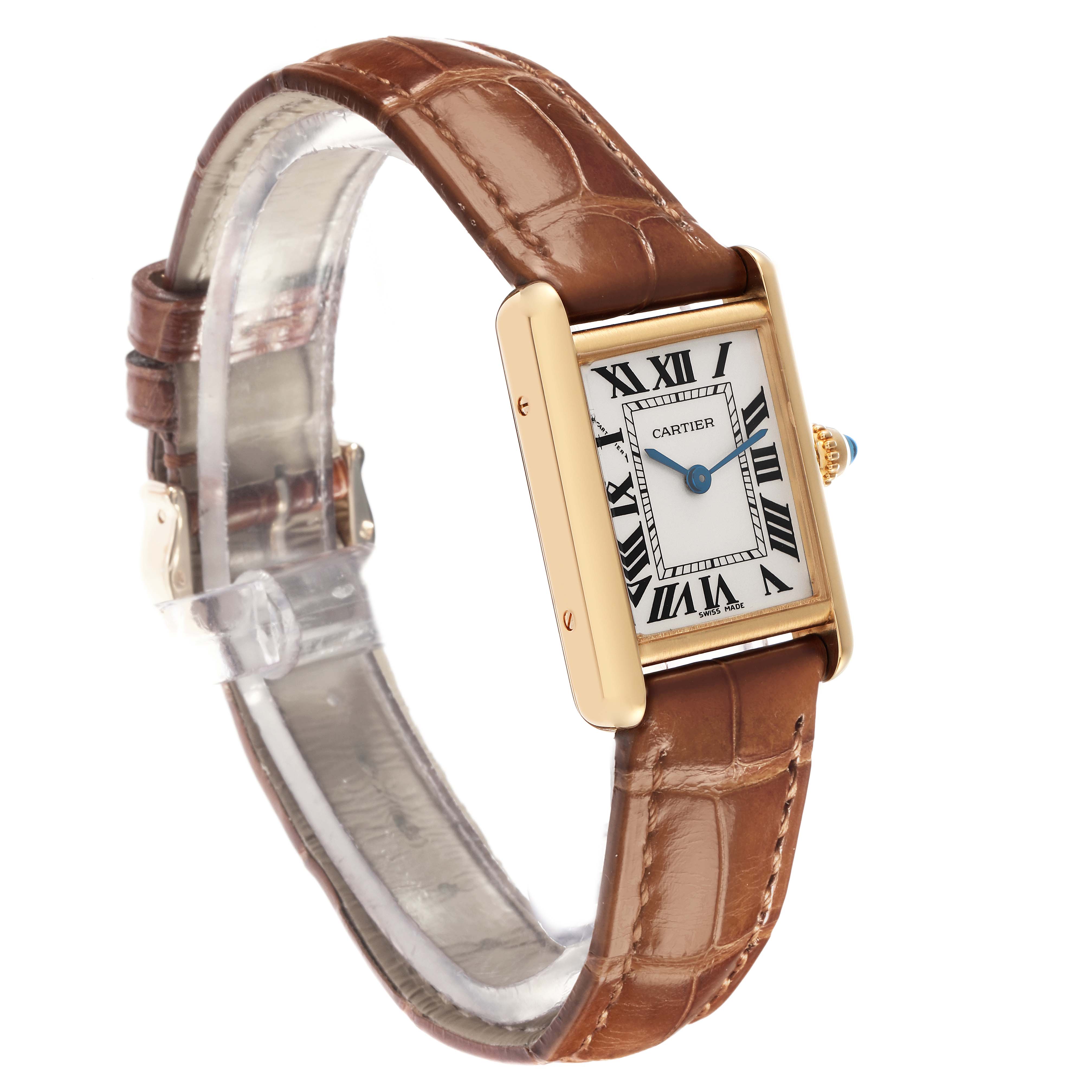 The Cartier Tank Louis W1529856 Women
s Yellow Gold Silver Dial W1529856 Women
s Yellow Gold Silver Dial watch is shown at a three-quarter angle, highlighting the case, dial, Roman numerals, and leather strap.