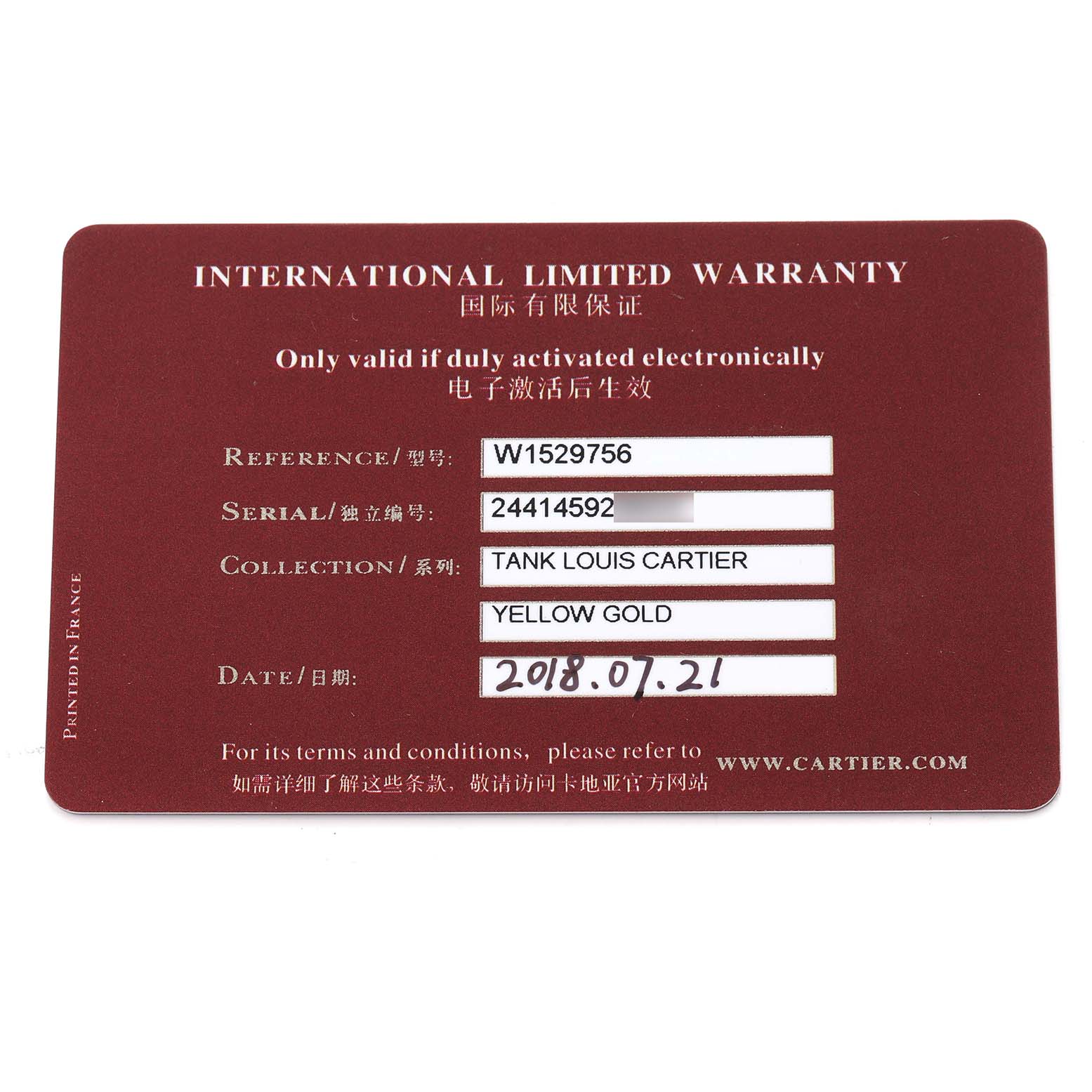 The image shows an International Limited Warranty card for the Tank Louis Cartier watch.