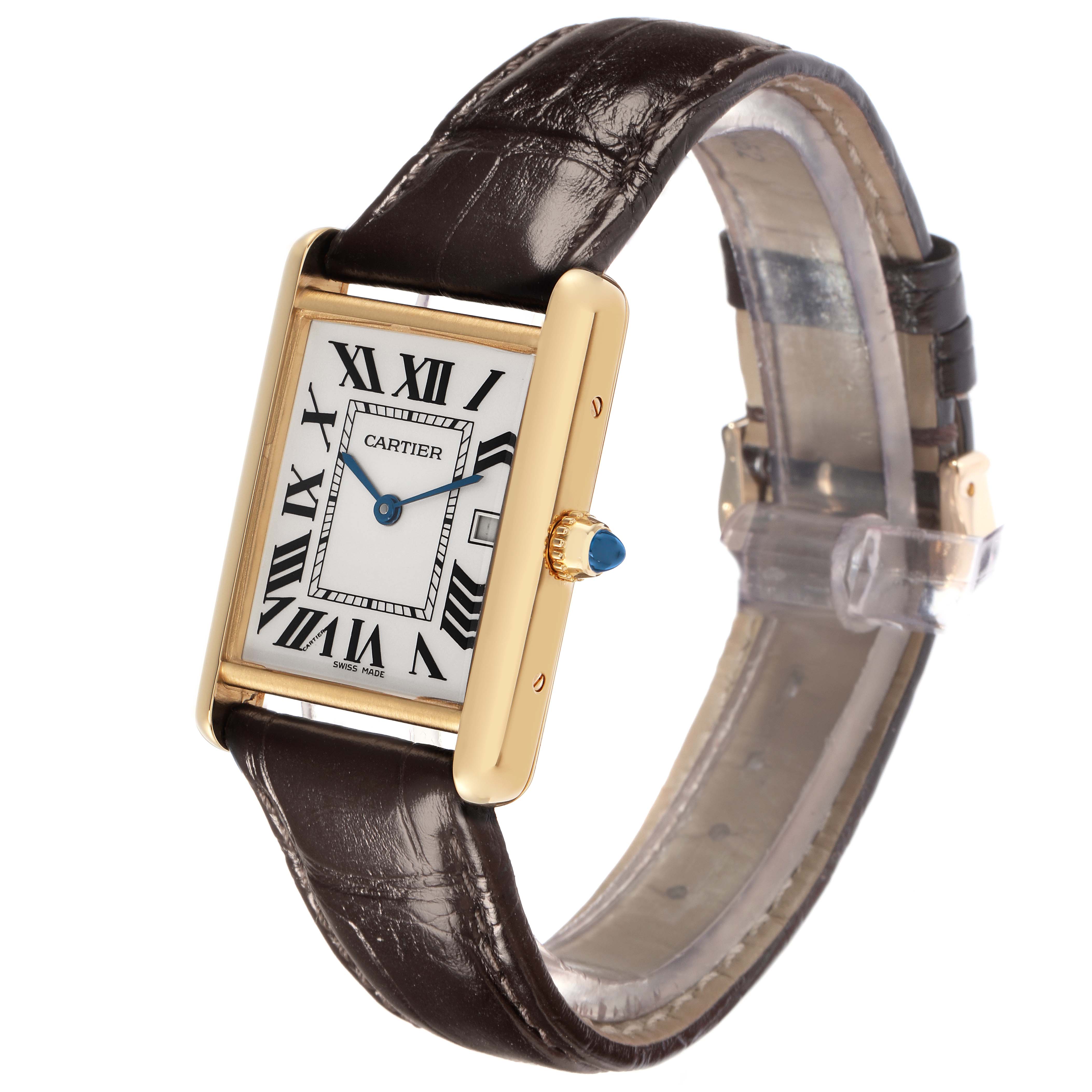 The Cartier Tank Louis W1529756 Men
s Yellow Gold Silver Dial W1529756 Men
s Yellow Gold Silver Dial watch is shown at a three-quarter angle, displaying its rectangular gold case, Roman numeral dial, and leather strap.