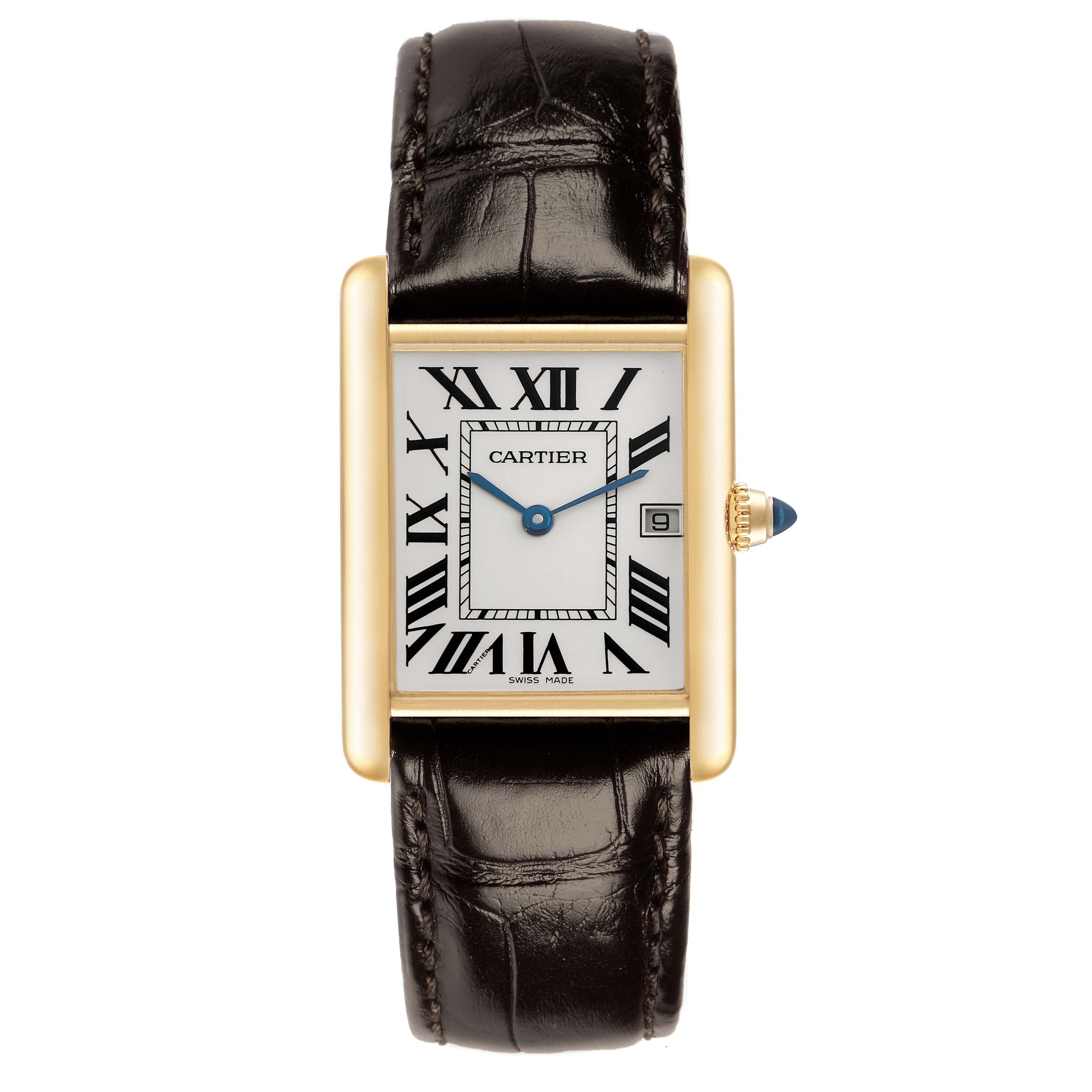 The Cartier Tank Louis W1529756 Men
s Yellow Gold Silver Dial W1529756 Men
s Yellow Gold Silver Dial watch is shown from a straight-on angle, highlighting the face, Roman numerals, and gold casing.
