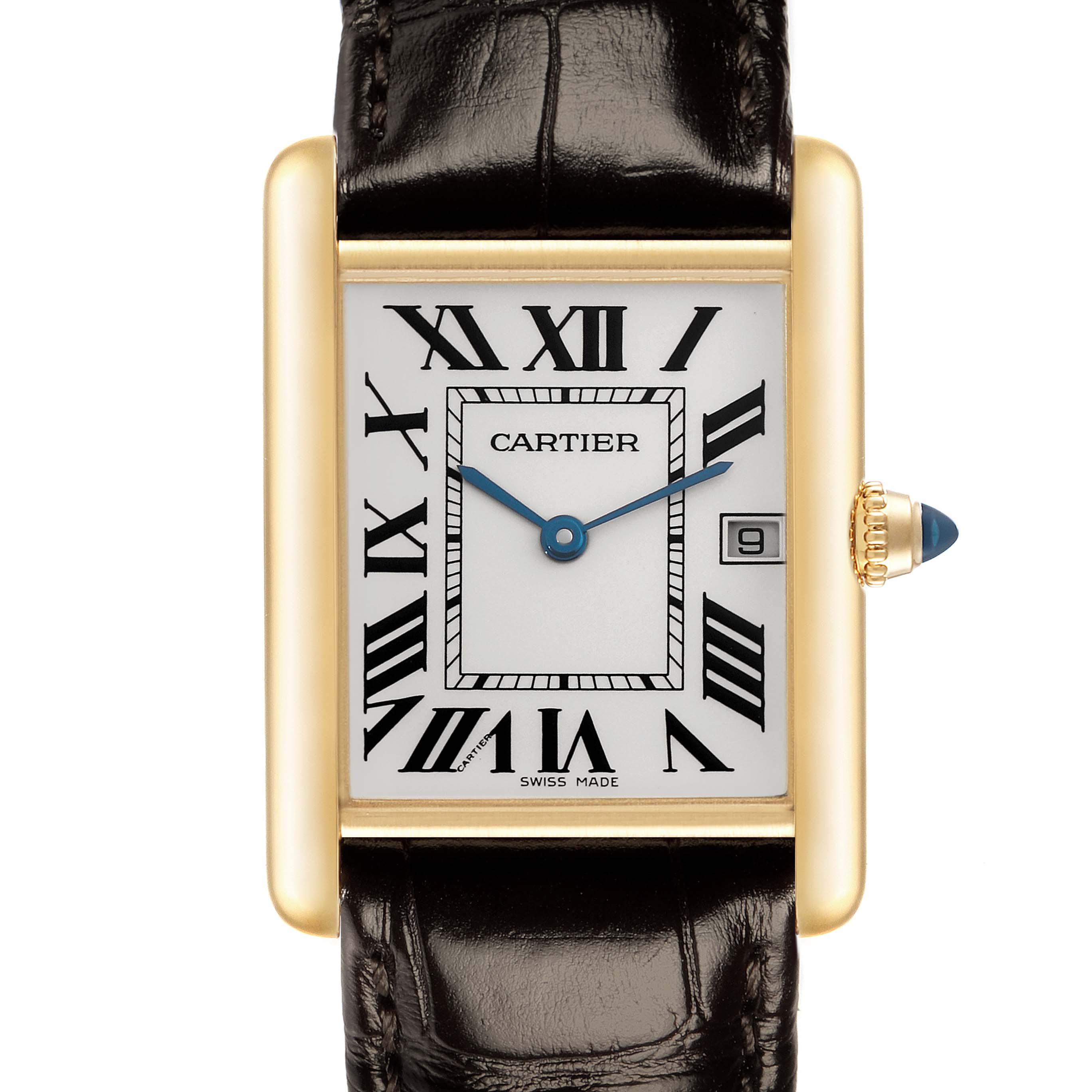 The Cartier Tank Louis W1529756 Men
s Yellow Gold Silver Dial W1529756 Men
s Yellow Gold Silver Dial watch is shown from the front, highlighting the face, hands, crown, and part of the strap.