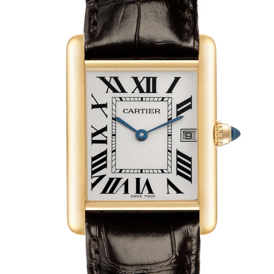 The Cartier Tank Louis watch is shown from the front, highlighting the face, hands, crown, and part of the strap.