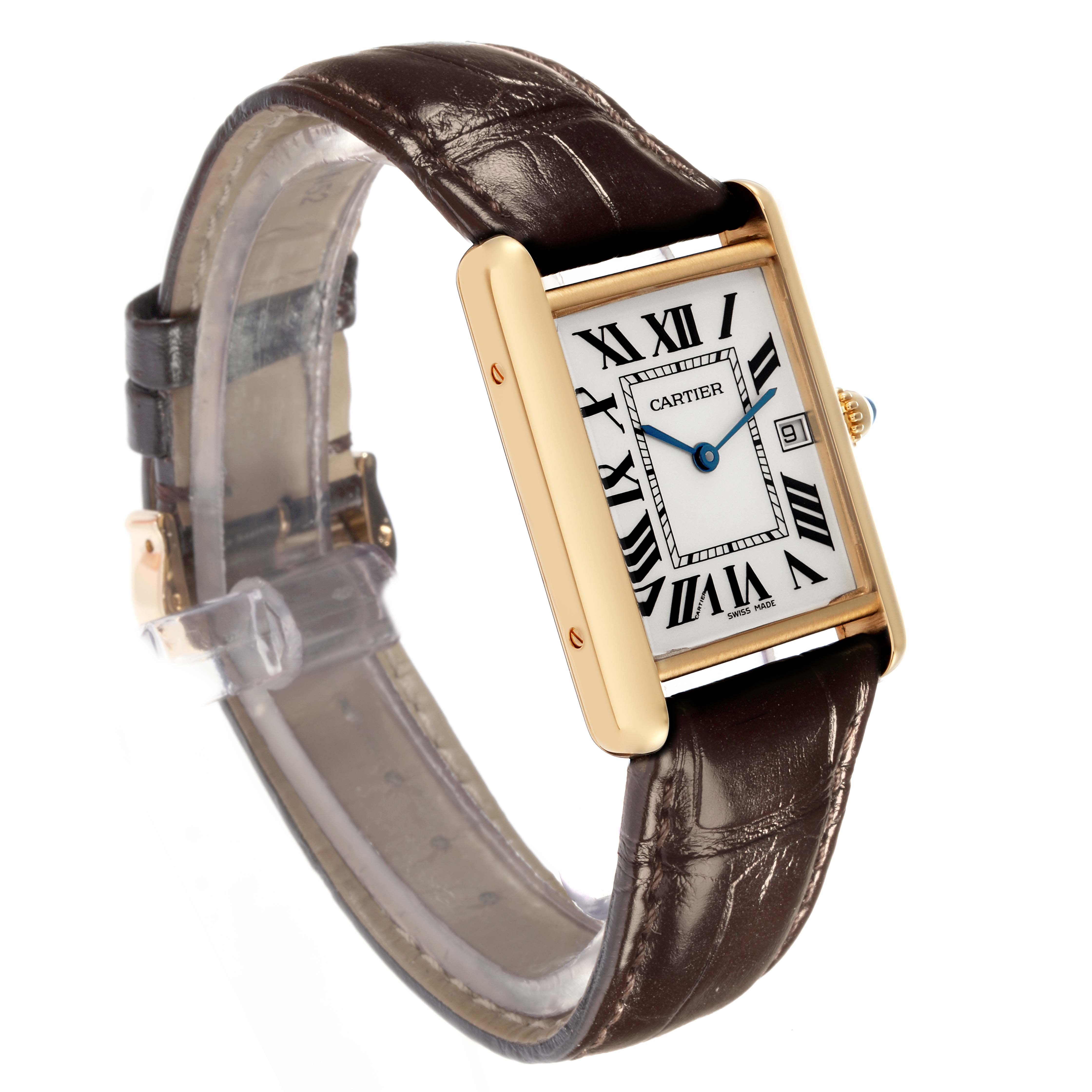 The Cartier Tank Louis W1529756 Men
s Yellow Gold Silver Dial W1529756 Men
s Yellow Gold Silver Dial watch is shown at an angled side view, highlighting its rectangular face, Roman numerals, and leather strap.