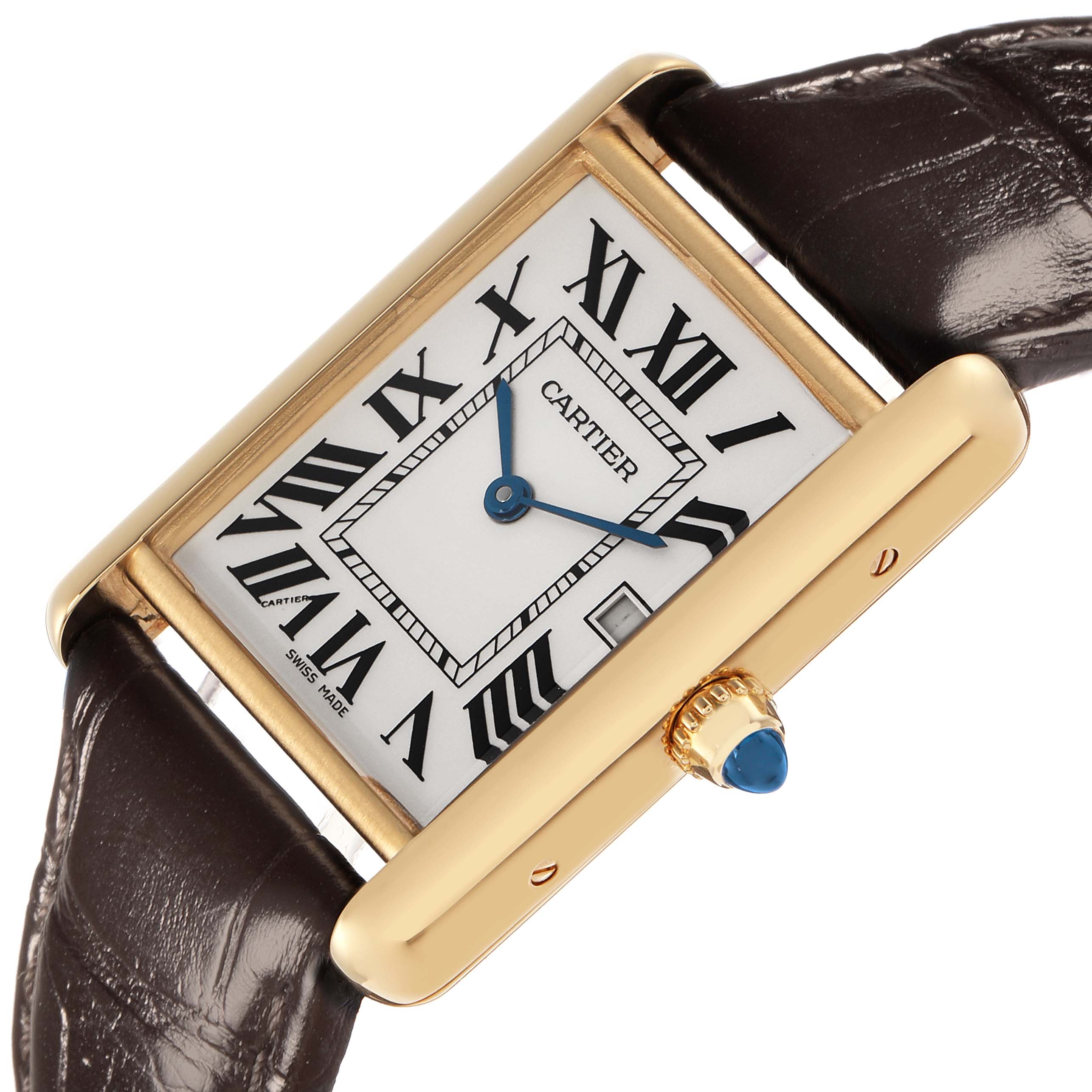 The Cartier Tank Louis W1529756 Men
s Yellow Gold Silver Dial W1529756 Men
s Yellow Gold Silver Dial watch is shown at an angle displaying the face, Roman numerals, crown, and brown leather strap.