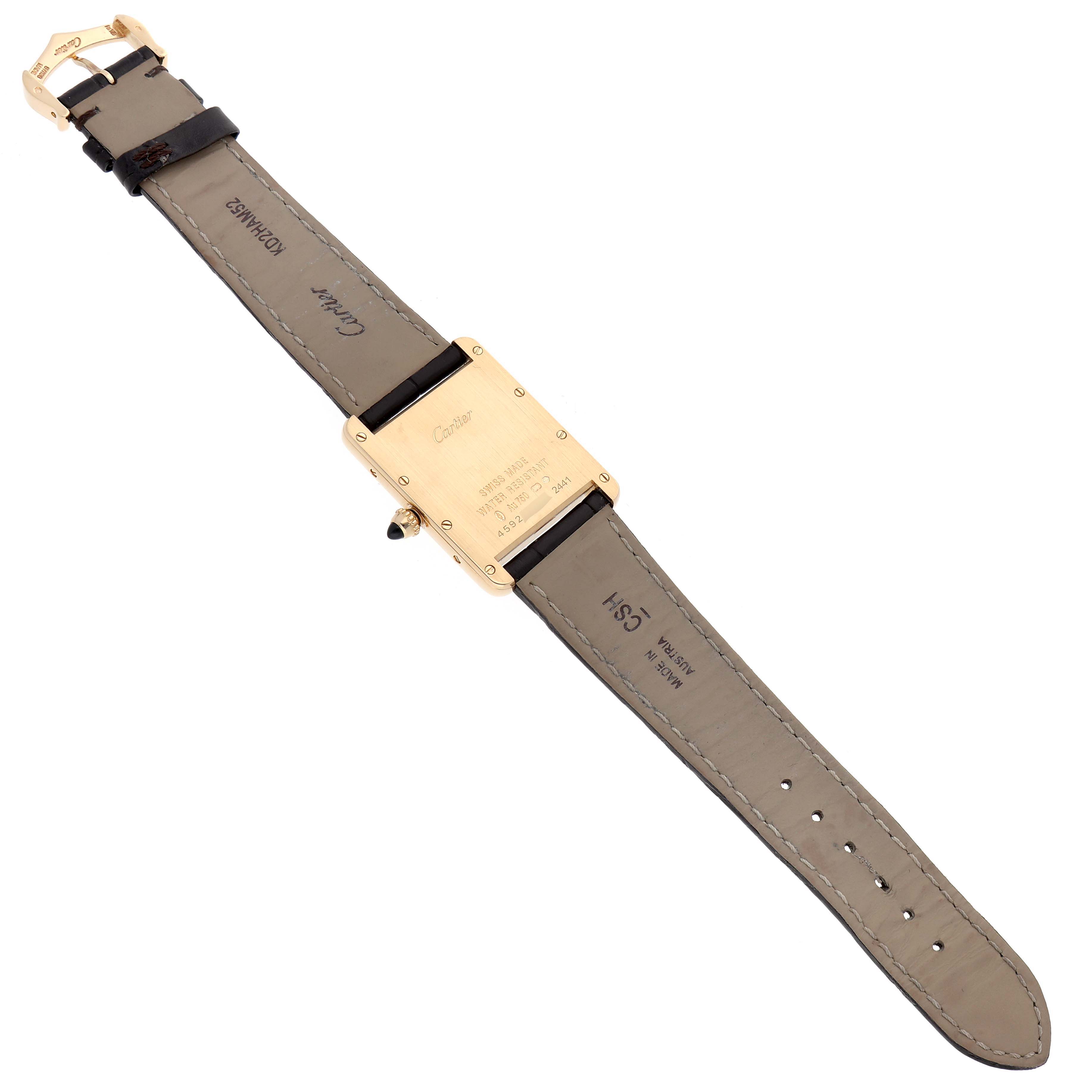 The image shows the back view of a Cartier Tank Louis W1529756 Men
s Yellow Gold Silver Dial W1529756 Men
s Yellow Gold Silver Dial watch, displaying its case back, strap, and clasp.