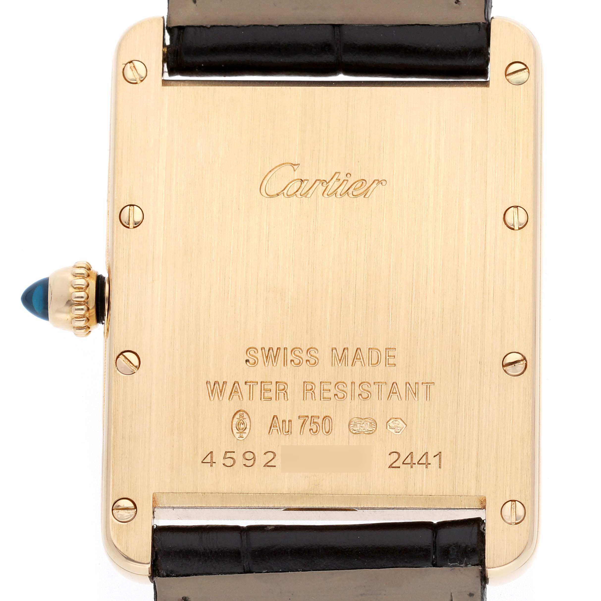 The image shows the back of a Cartier Tank Louis W1529756 Men
s Yellow Gold Silver Dial W1529756 Men
s Yellow Gold Silver Dial watch, highlighting the branding, water resistance, and crown.
