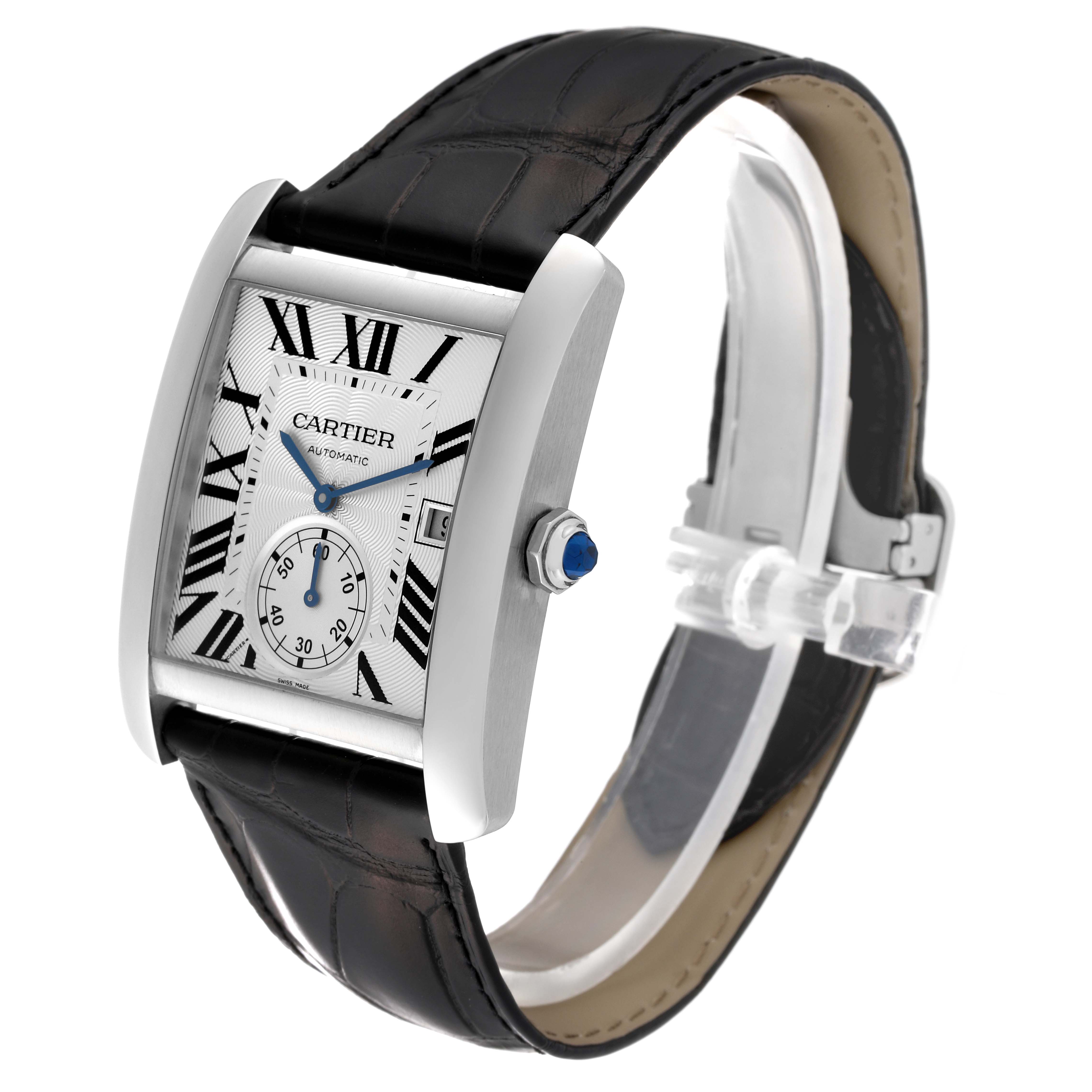 The image shows a Cartier Tank MC W5330003 Men's Stainless Steel Silver Dial W5330003 Men's Stainless Steel Silver Dial watch at a slight angle, highlighting its face, crown, and leather strap.