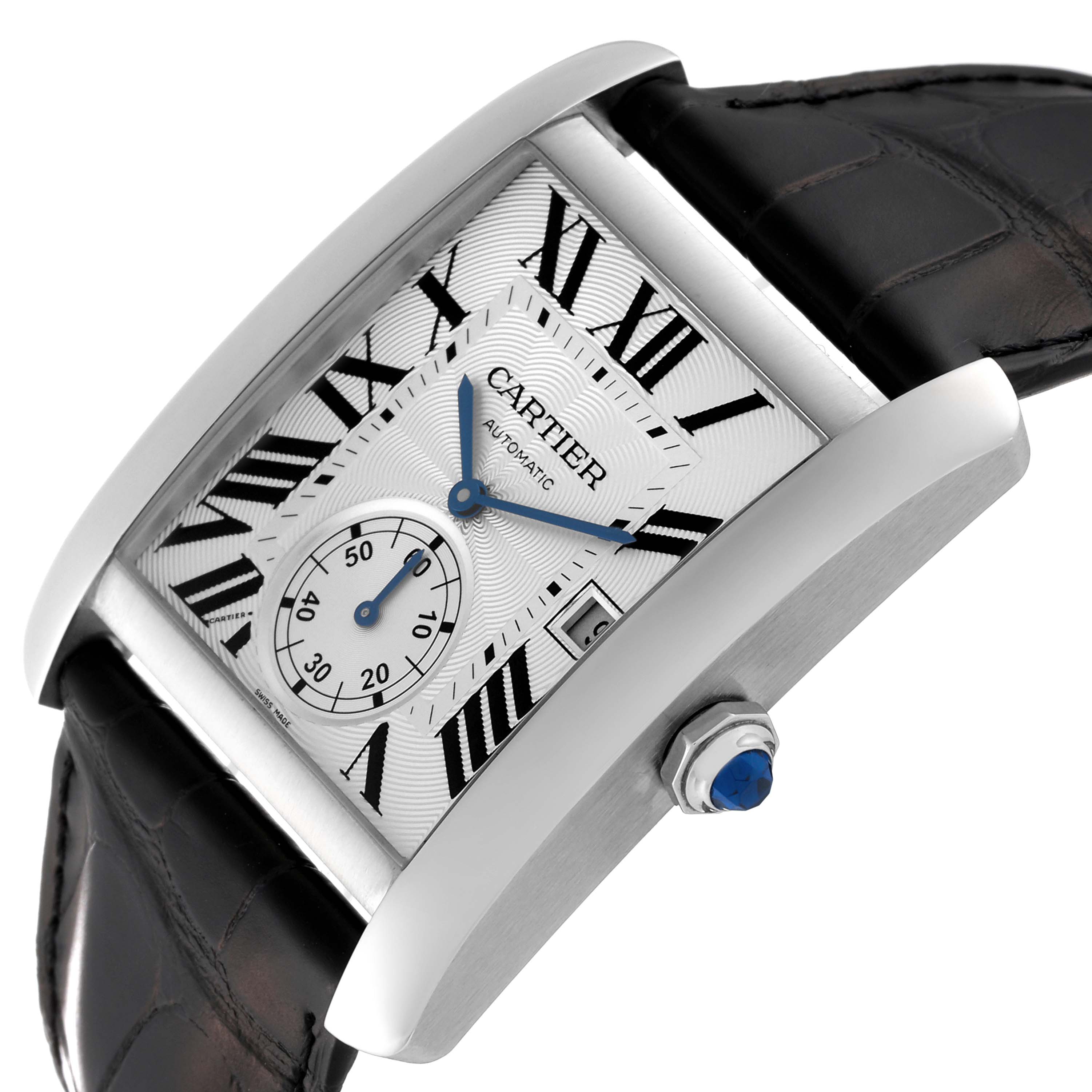 The image shows a Cartier Tank MC W5330003 Men's Stainless Steel Silver Dial W5330003 Men's Stainless Steel Silver Dial wristwatch at an angle, highlighting the dial, crown, and black leather strap.