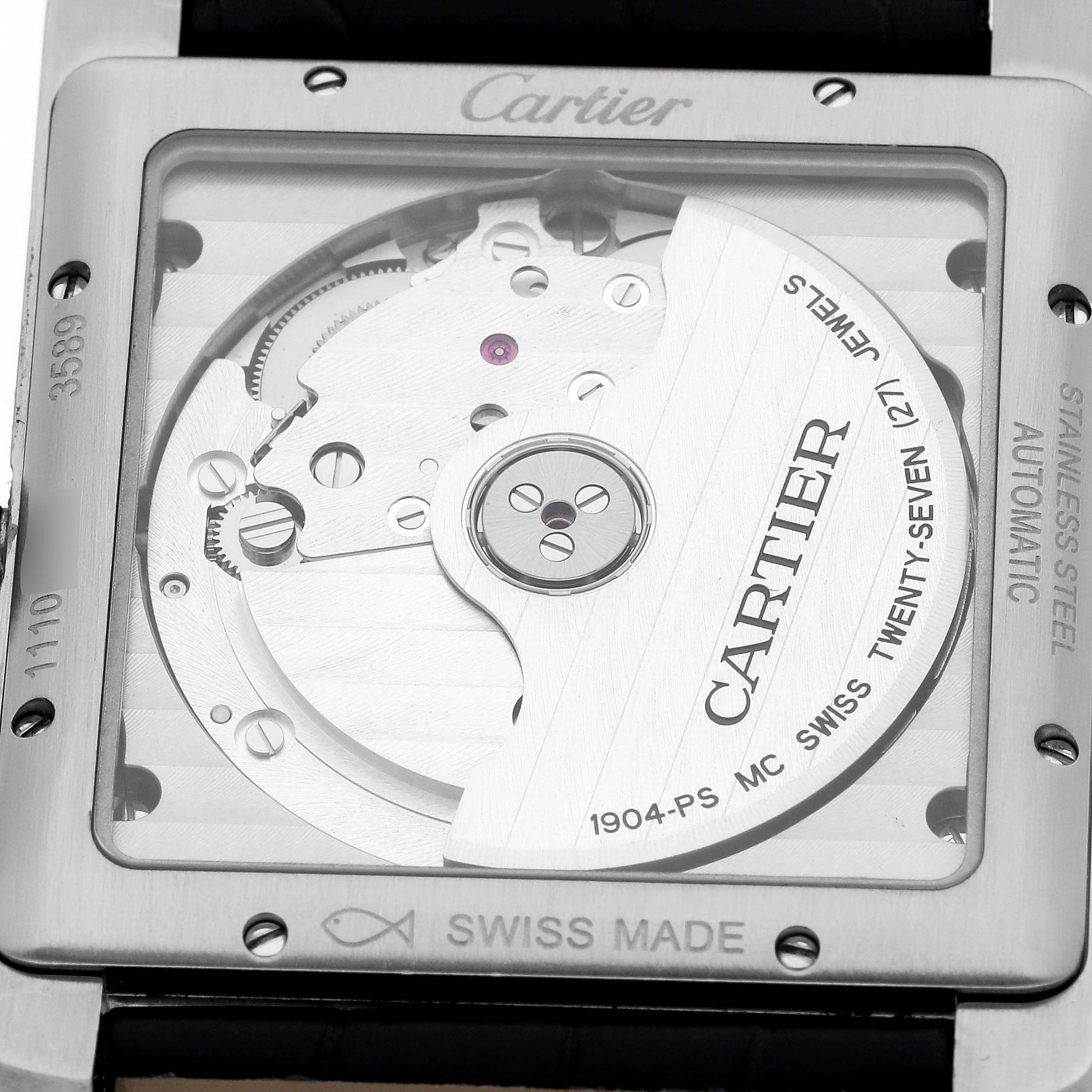The image shows the back view of the Cartier Tank MC W5330003 Men's Stainless Steel Silver Dial W5330003 Men's Stainless Steel Silver Dial watch, displaying its automatic movement mechanism.