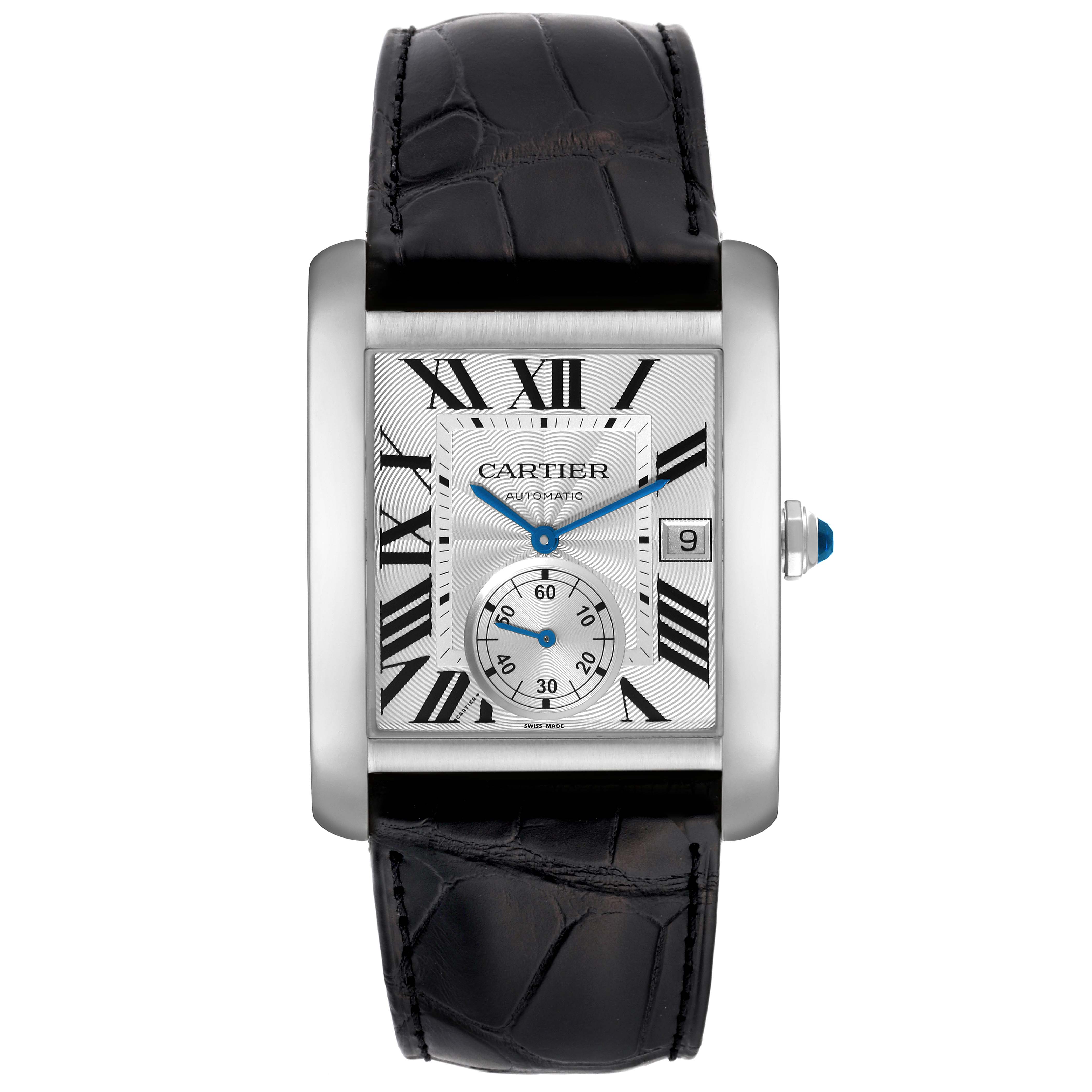 This image shows a front view of the Cartier Tank MC W5330003 Men's Stainless Steel Silver Dial W5330003 Men's Stainless Steel Silver Dial watch, displaying the face, hands, dial, and leather strap.
