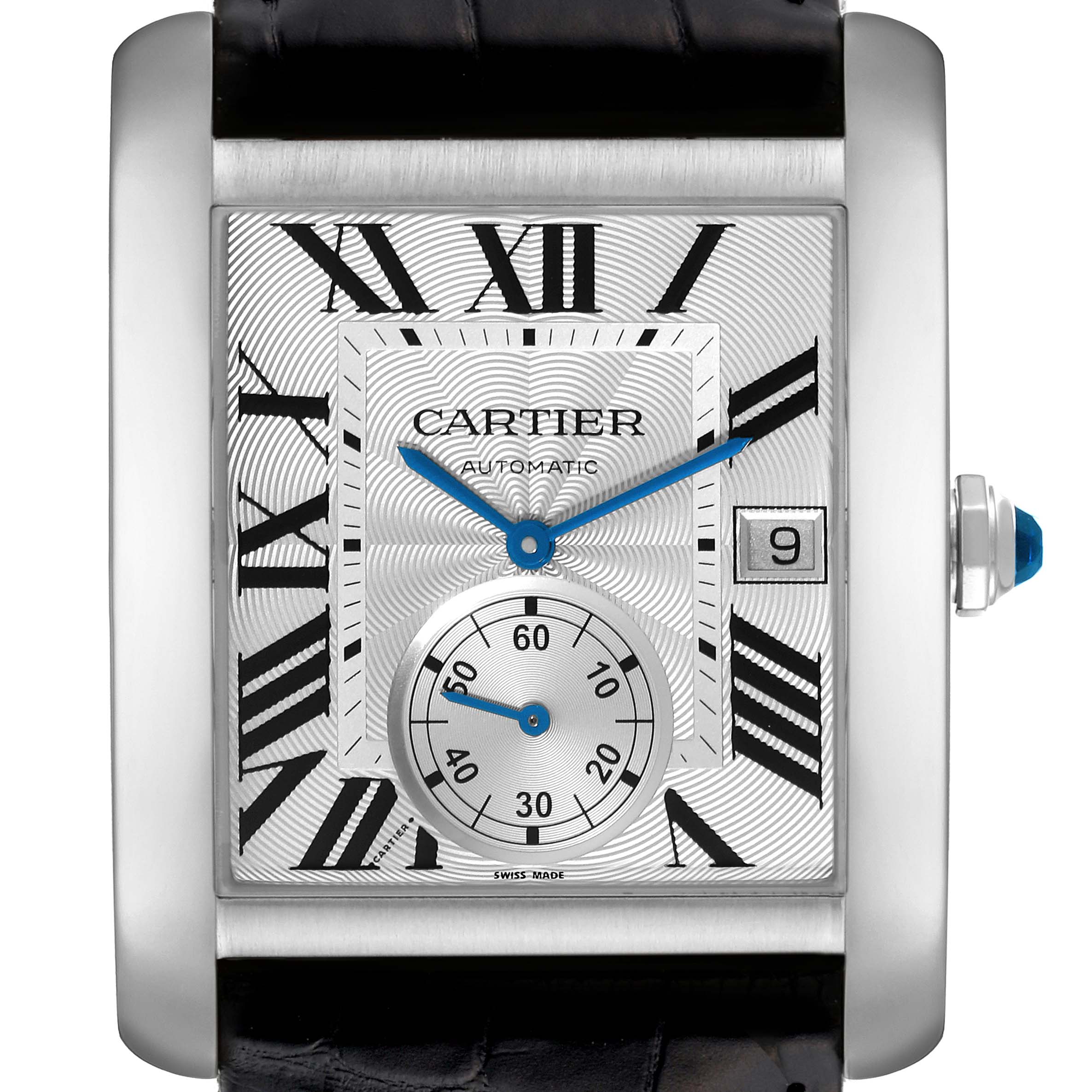 The Cartier Tank MC W5330003 Men's Stainless Steel Silver Dial W5330003 Men's Stainless Steel Silver Dial watch is shown from the front, highlighting the face, Roman numerals, sub-dial, and date window.
