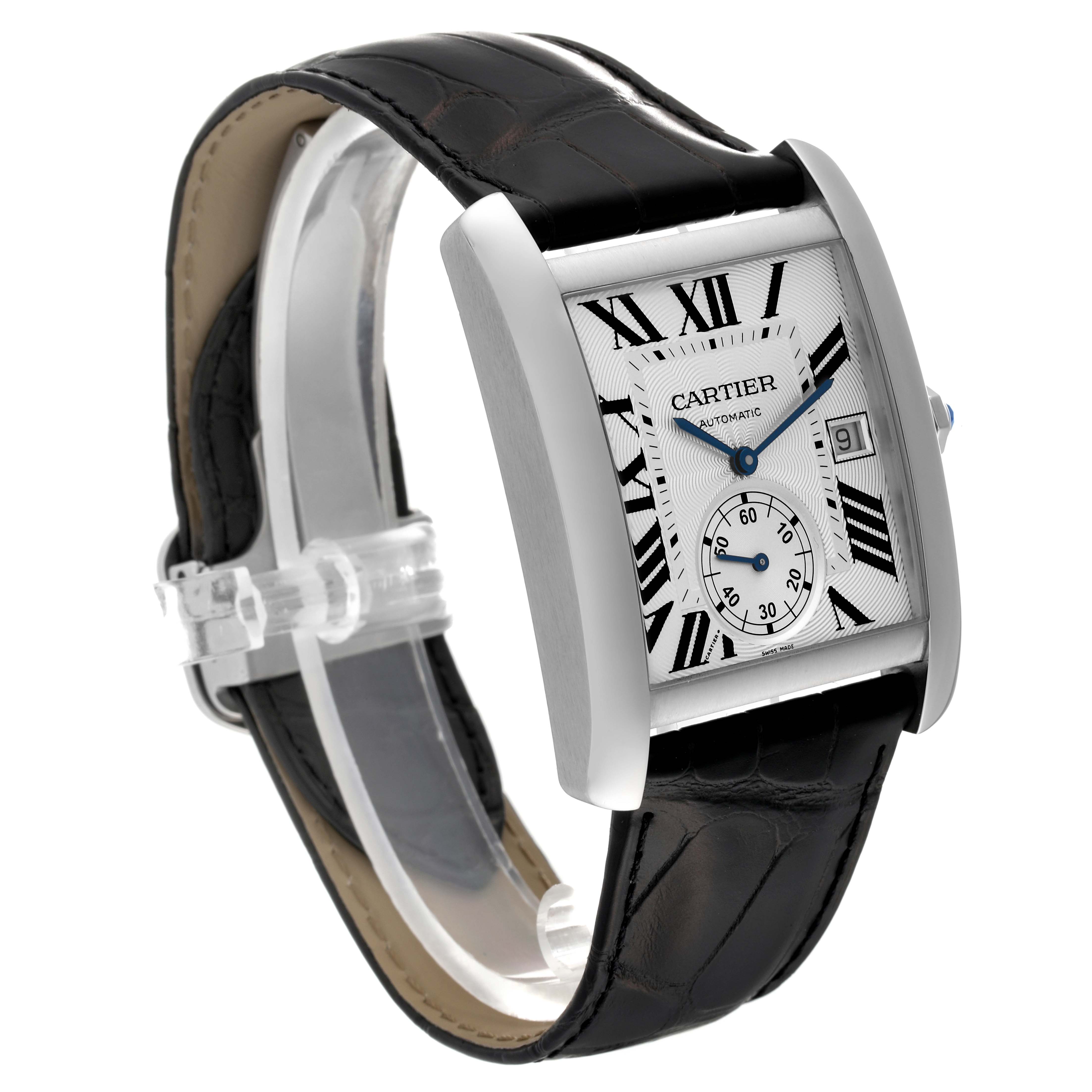 The image shows a side and front view of the Cartier Tank MC W5330003 Men's Stainless Steel Silver Dial W5330003 Men's Stainless Steel Silver Dial watch, featuring its dial, casing, and leather strap.