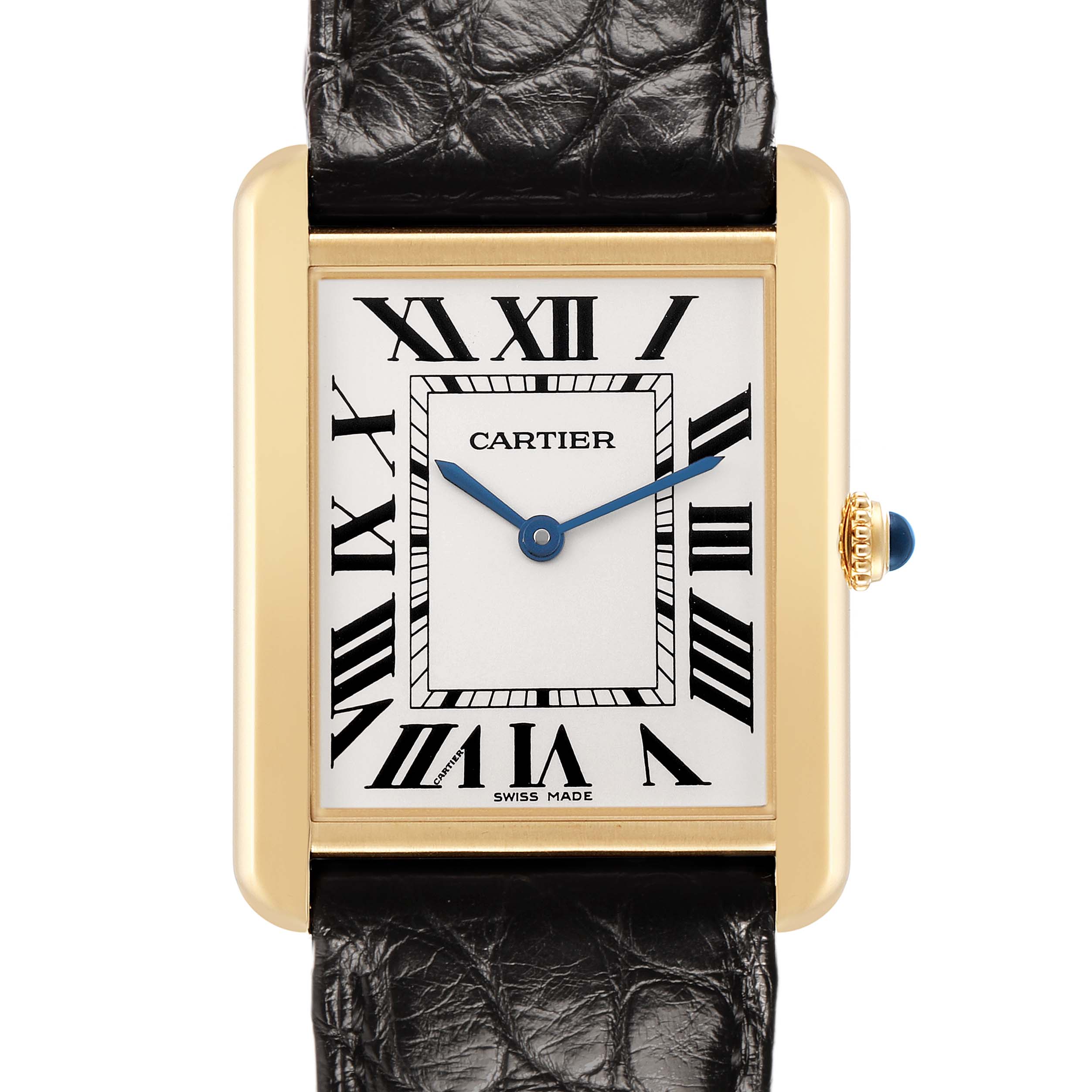 The Cartier Tank Solo W5200004 Men's Yellow Gold Silver Dial watch is shown from a front angle, highlighting its gold rectangular case, black leather strap, and blue hands.