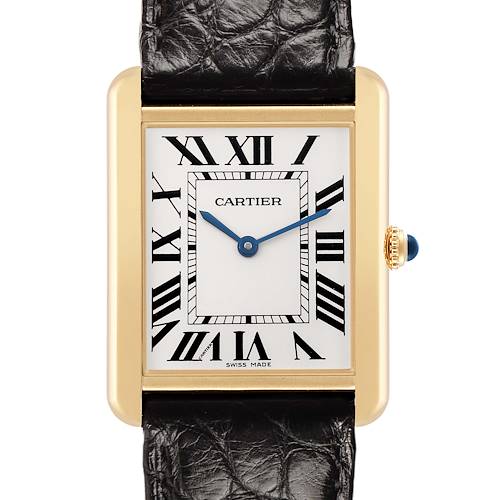 The Cartier Tank Solo W5200004 Men's Yellow Gold Silver Dial watch is shown from the front, highlighting its rectangular gold case, Roman numeral dial, and black leather strap.