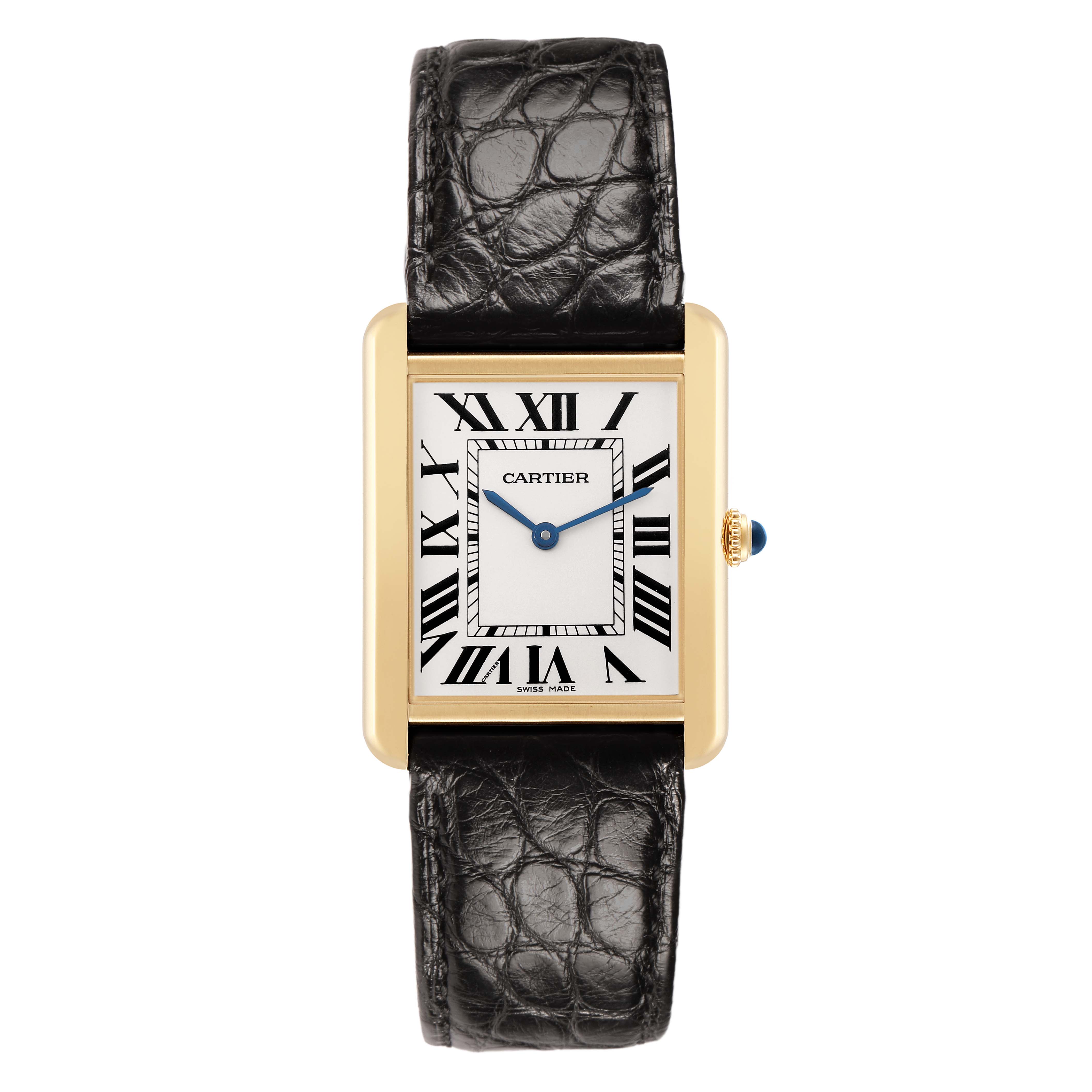 The Cartier Tank Solo W5200004 Men's Yellow Gold Silver Dial watch is shown from a top view, displaying its rectangular dial, leather strap, and side crown.