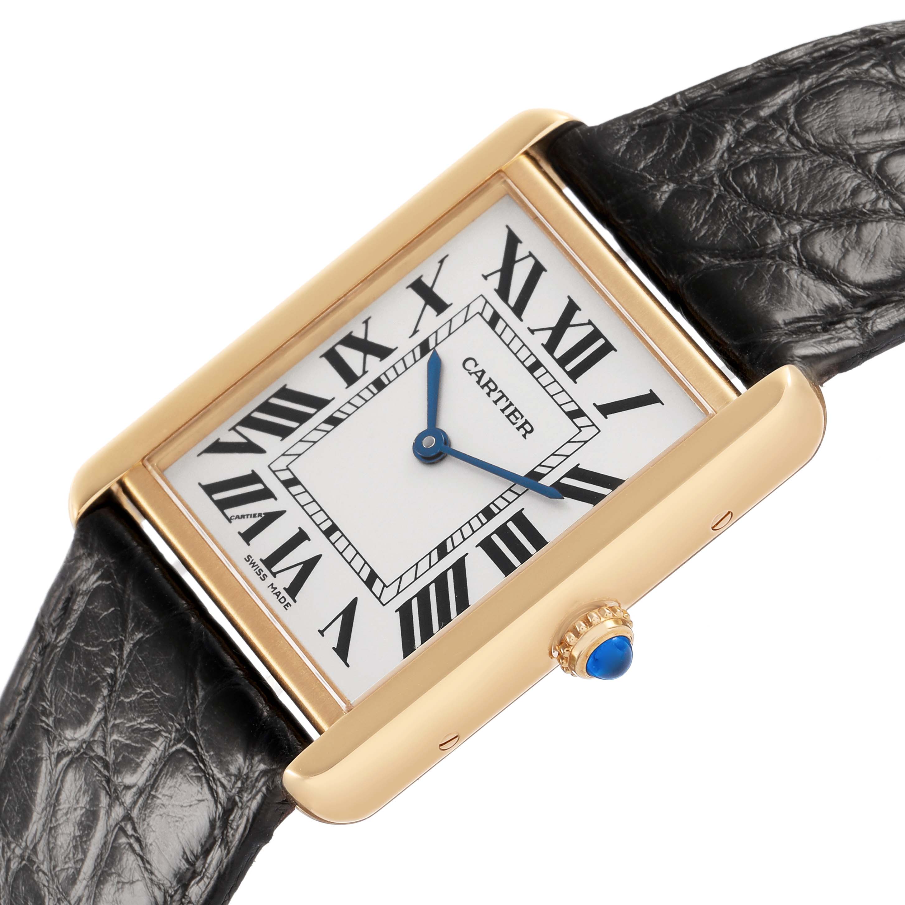 The image shows the Cartier Tank Solo W5200004 Men's Yellow Gold Silver Dial watch from a top-down angle, highlighting its rectangular dial, Roman numerals, and leather strap.