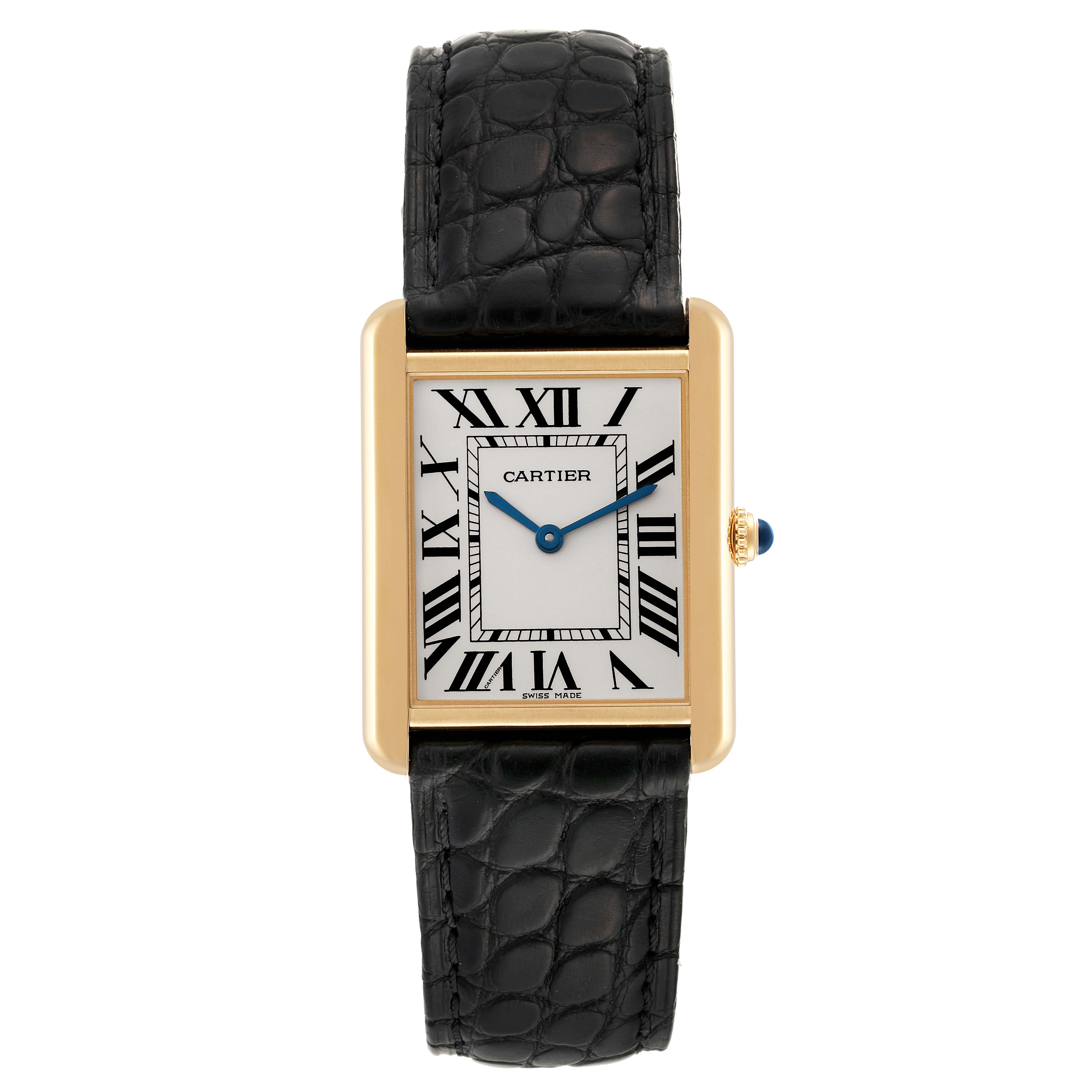 This image shows the full front view of a Cartier Tank Solo W5200004 Men's Steel and Gold (two tone) Silver Dial W5200004 Men's Steel and Gold (two tone) Silver Dial watch, including its rectangular dial, Roman numerals, and black leather strap.