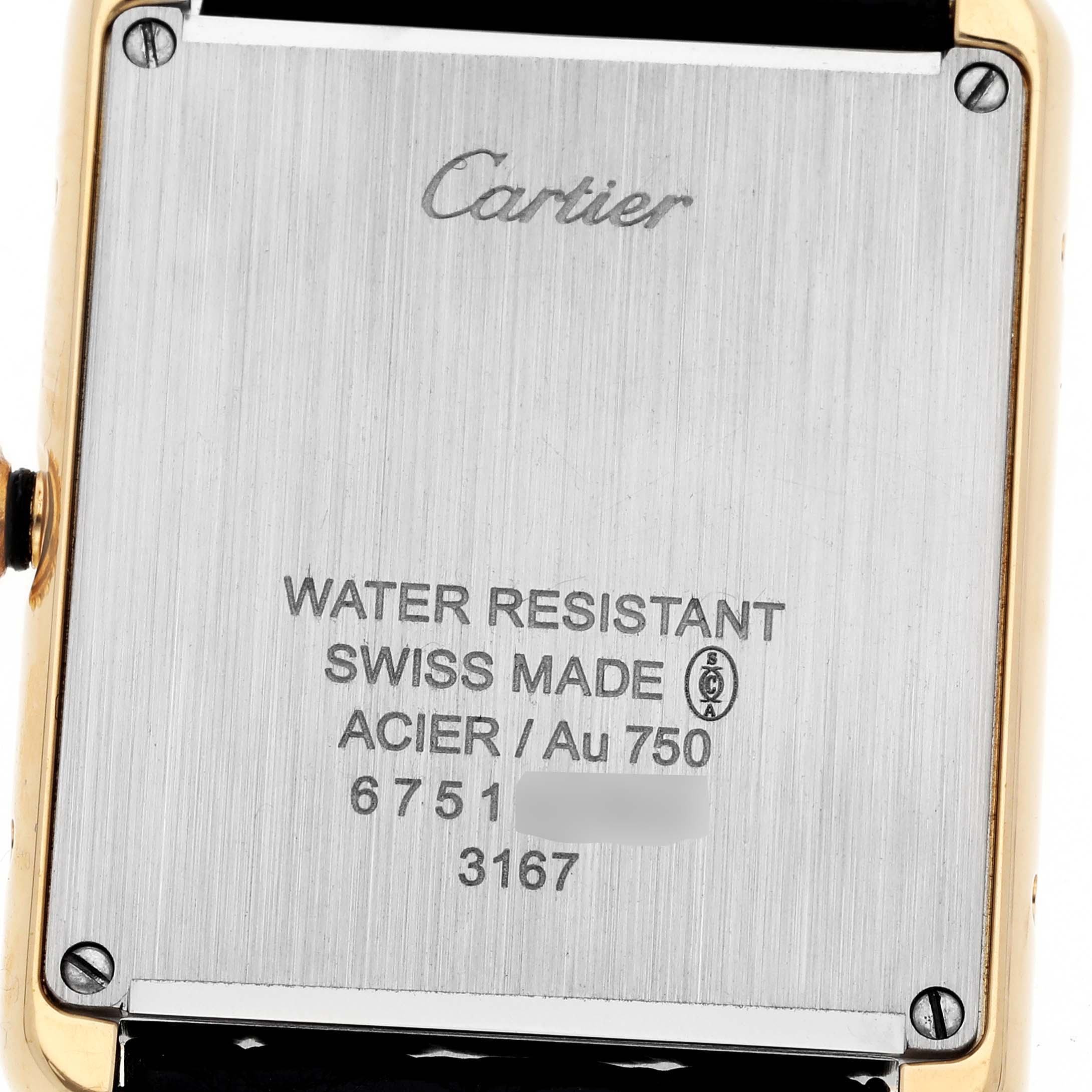 The image shows the back case of a Tank Solo model by Cartier, highlighting inscriptions and water resistance details.
