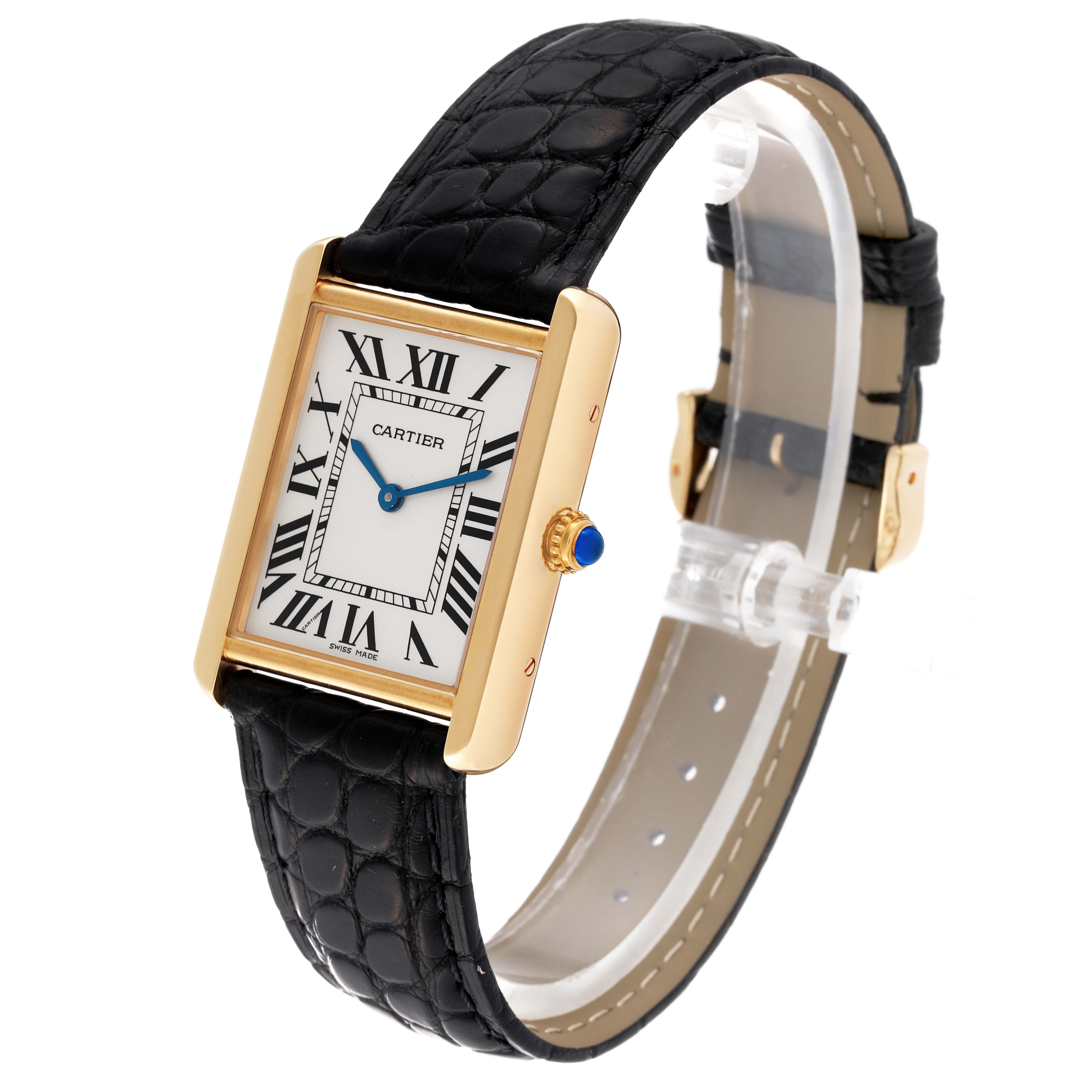 The Cartier Tank Solo W5200004 Men's Steel and Gold (two tone) Silver Dial W5200004 Men's Steel and Gold (two tone) Silver Dial watch is shown at an angle highlighting its face, strap, and crown.