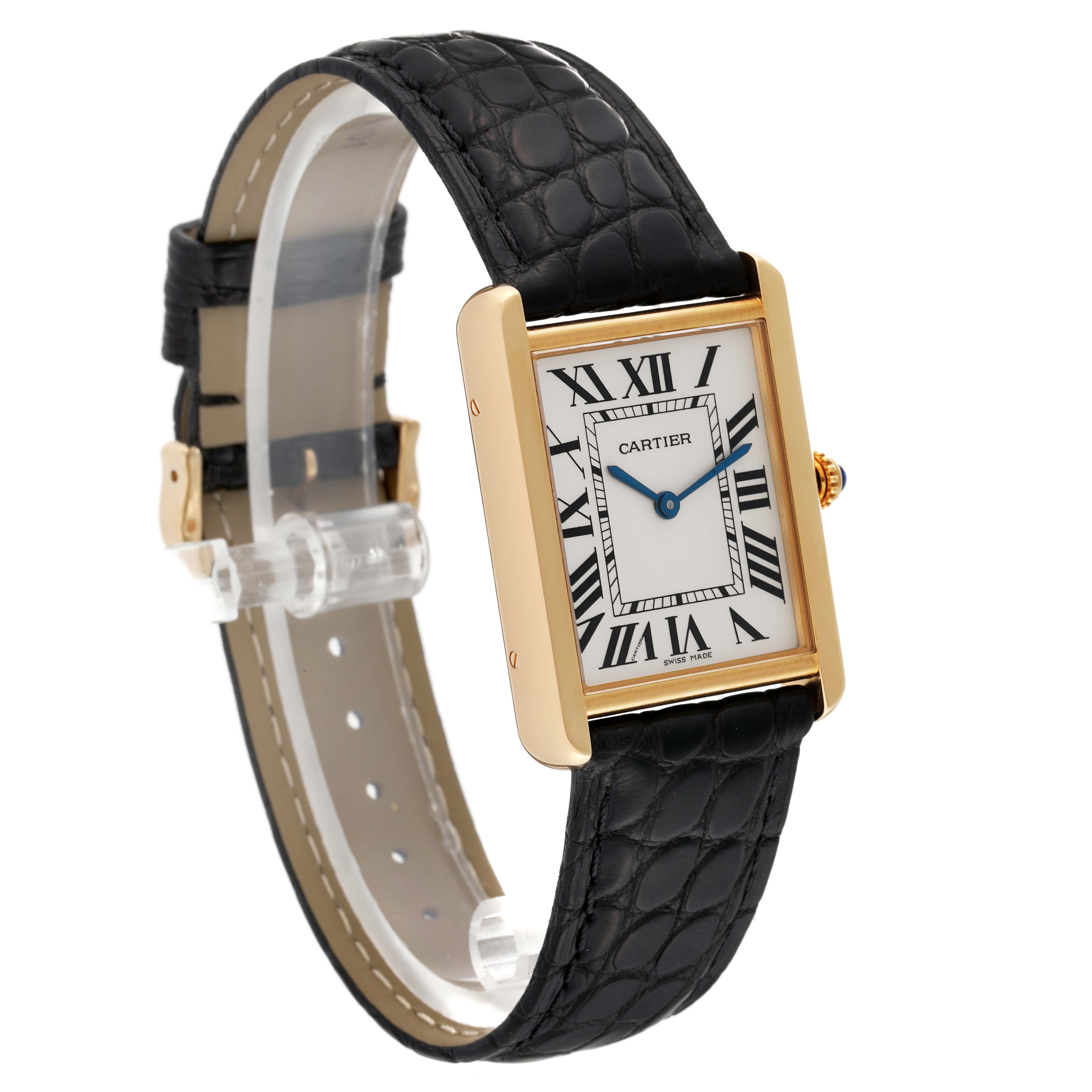 This image shows a Cartier Tank Solo W5200004 Men's Steel and Gold (two tone) Silver Dial W5200004 Men's Steel and Gold (two tone) Silver Dial watch at an angled view, displaying its rectangular face, Roman numerals, and black leather strap.
