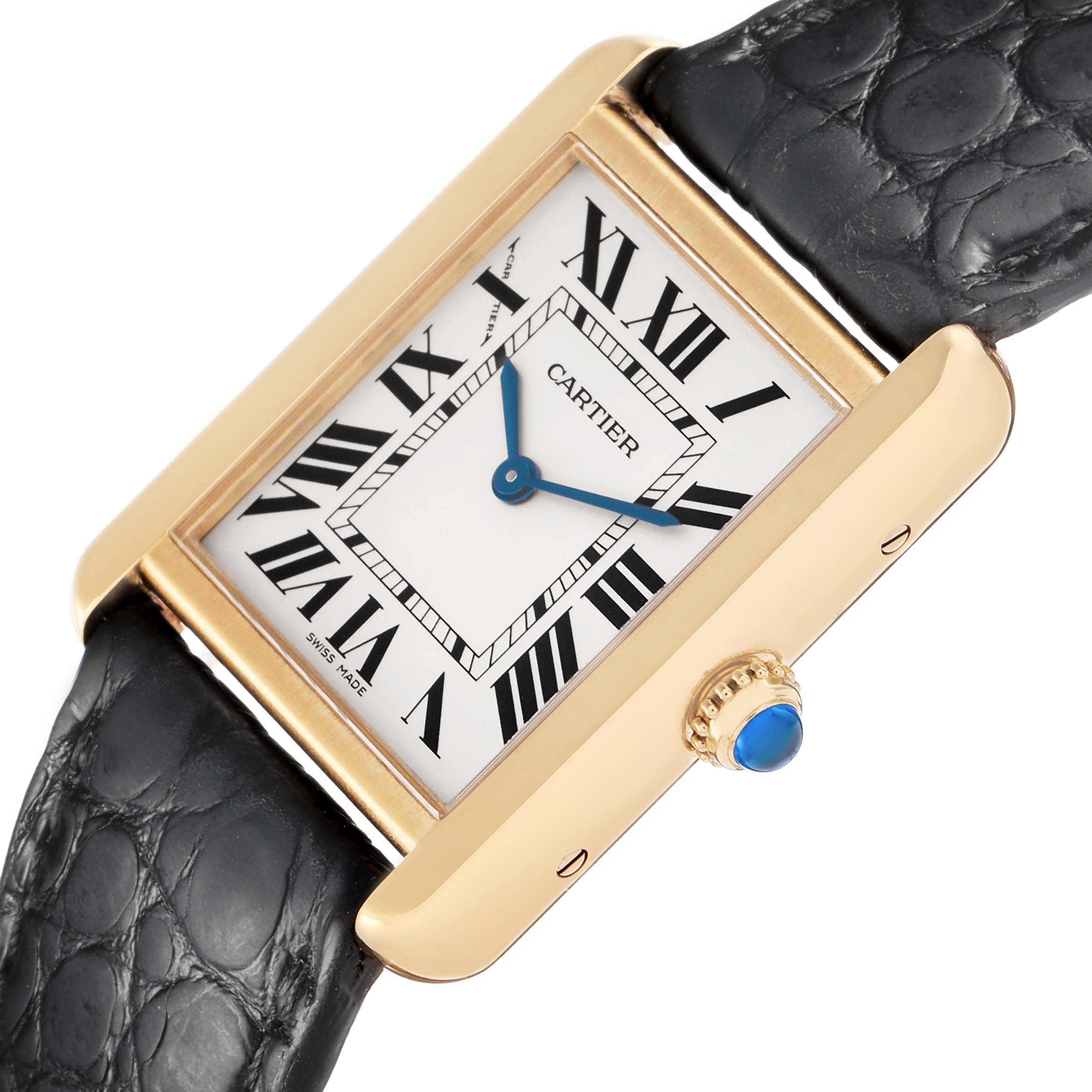 The Cartier Tank Solo W1018755 Women's Steel and Gold (two tone) Silver Dial W1018755 Women's Steel and Gold (two tone) Silver Dial watch is shown at an angle highlighting the face, crown, and leather strap.