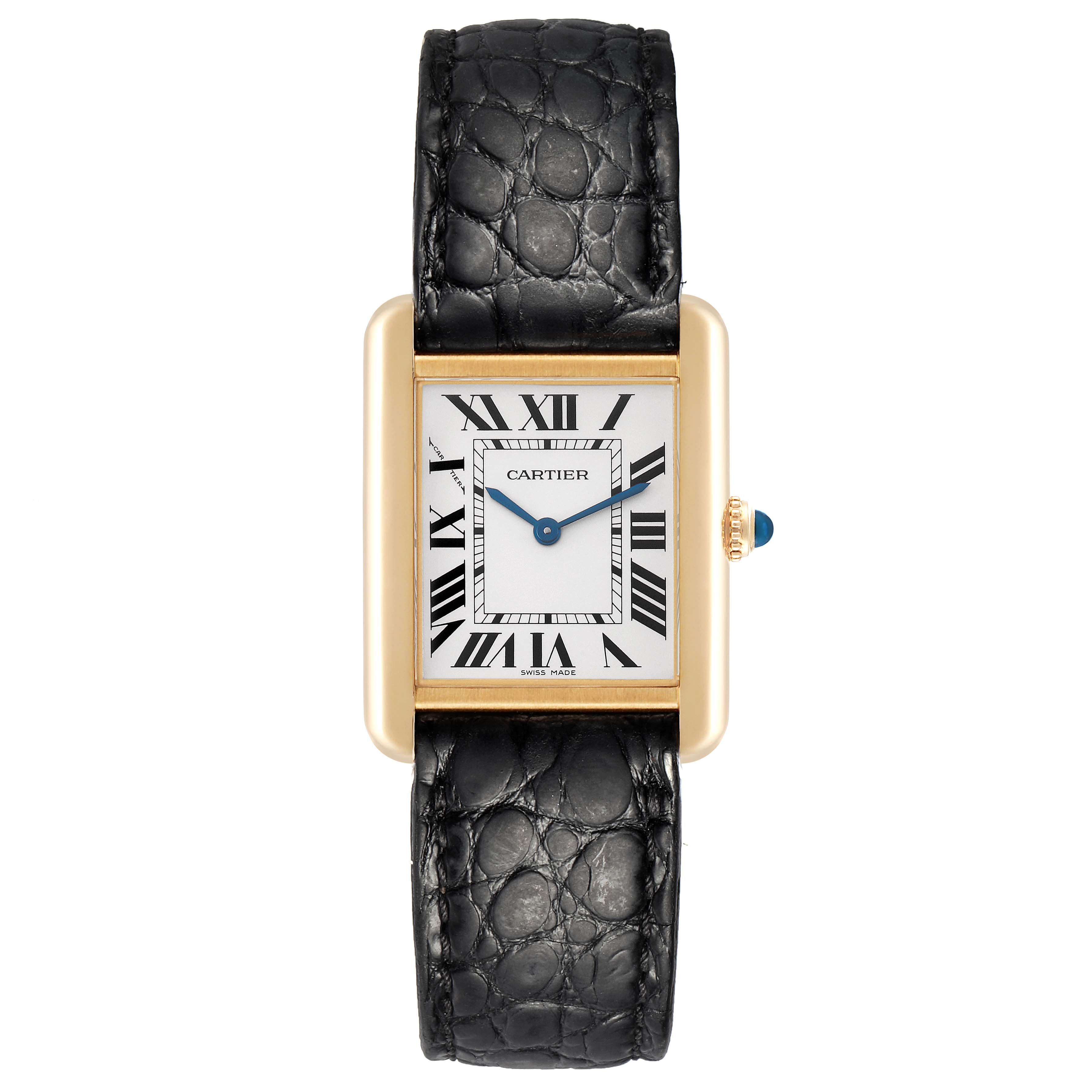 The Cartier Tank Solo W1018755 Women's Steel and Gold (two tone) Silver Dial W1018755 Women's Steel and Gold (two tone) Silver Dial watch is shown from the front, highlighting the rectangular case, dial with Roman numerals, and leather strap.