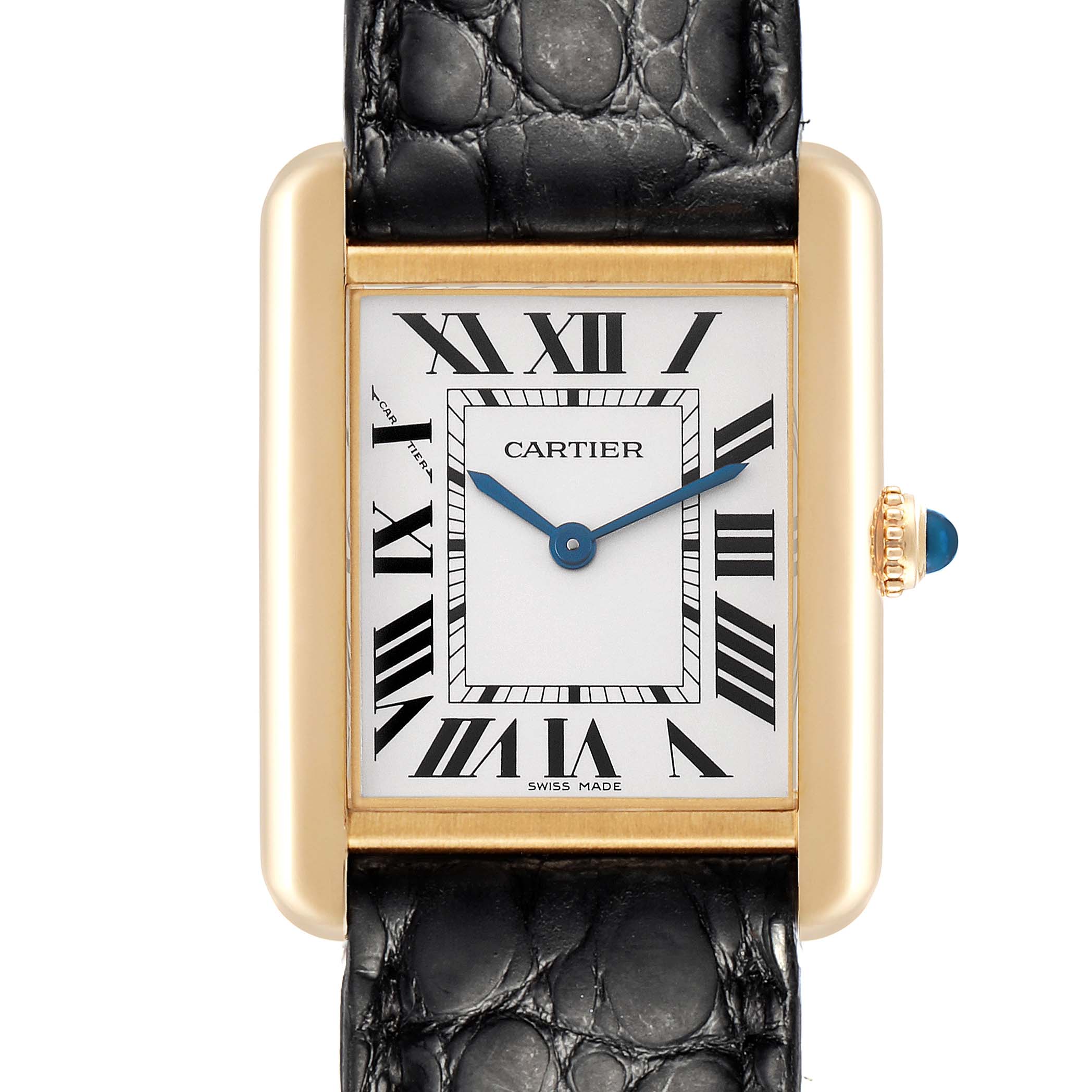 The Cartier Tank Solo W1018755 Women's Steel and Gold (two tone) Silver Dial W1018755 Women's Steel and Gold (two tone) Silver Dial watch is shown from a front angle, highlighting its Roman numeral dial, gold case, crown, and black strap.