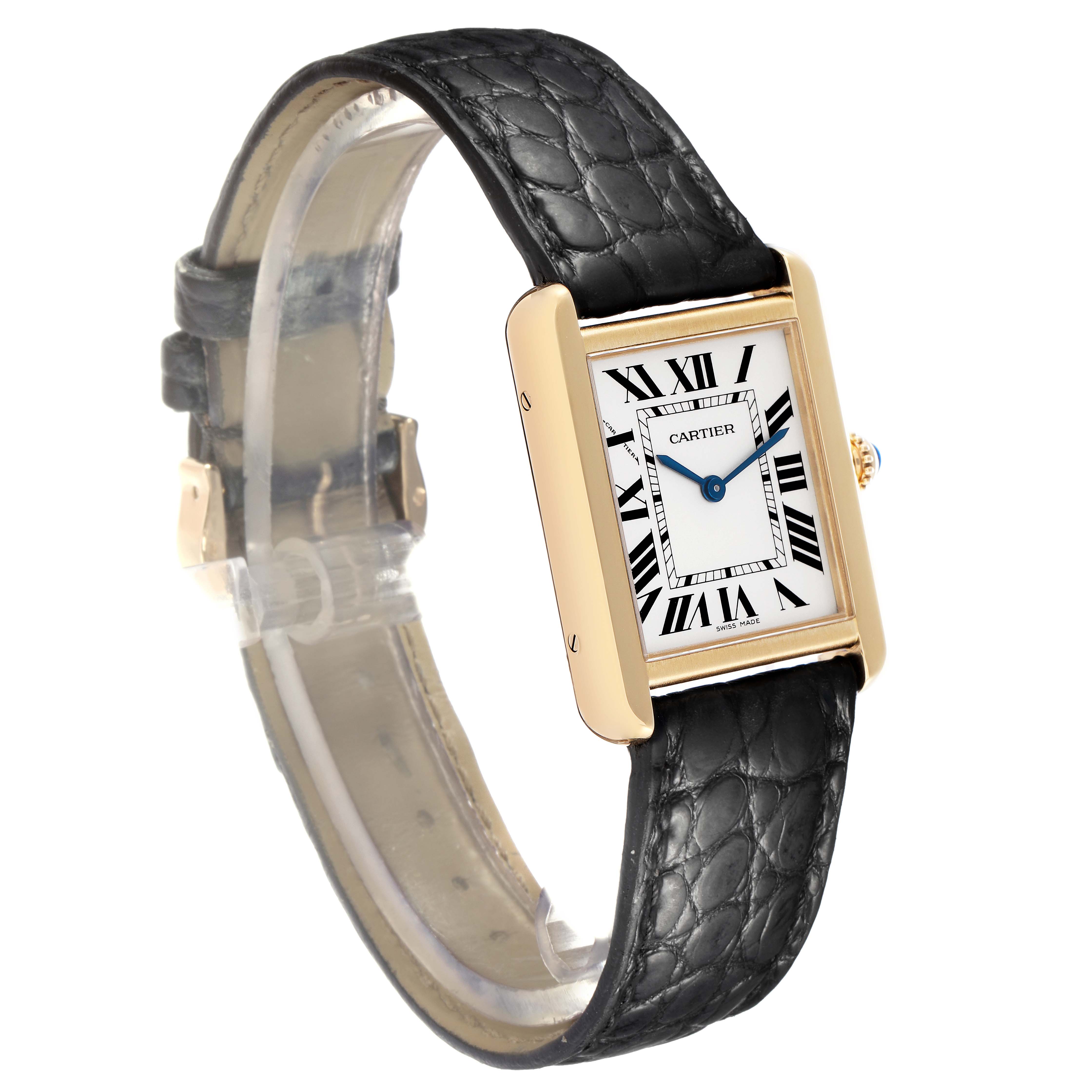 The Cartier Tank Solo W1018755 Women's Steel and Gold (two tone) Silver Dial W1018755 Women's Steel and Gold (two tone) Silver Dial watch is shown at a three-quarter angle, highlighting its rectangular face, Roman numerals, and black leather strap.