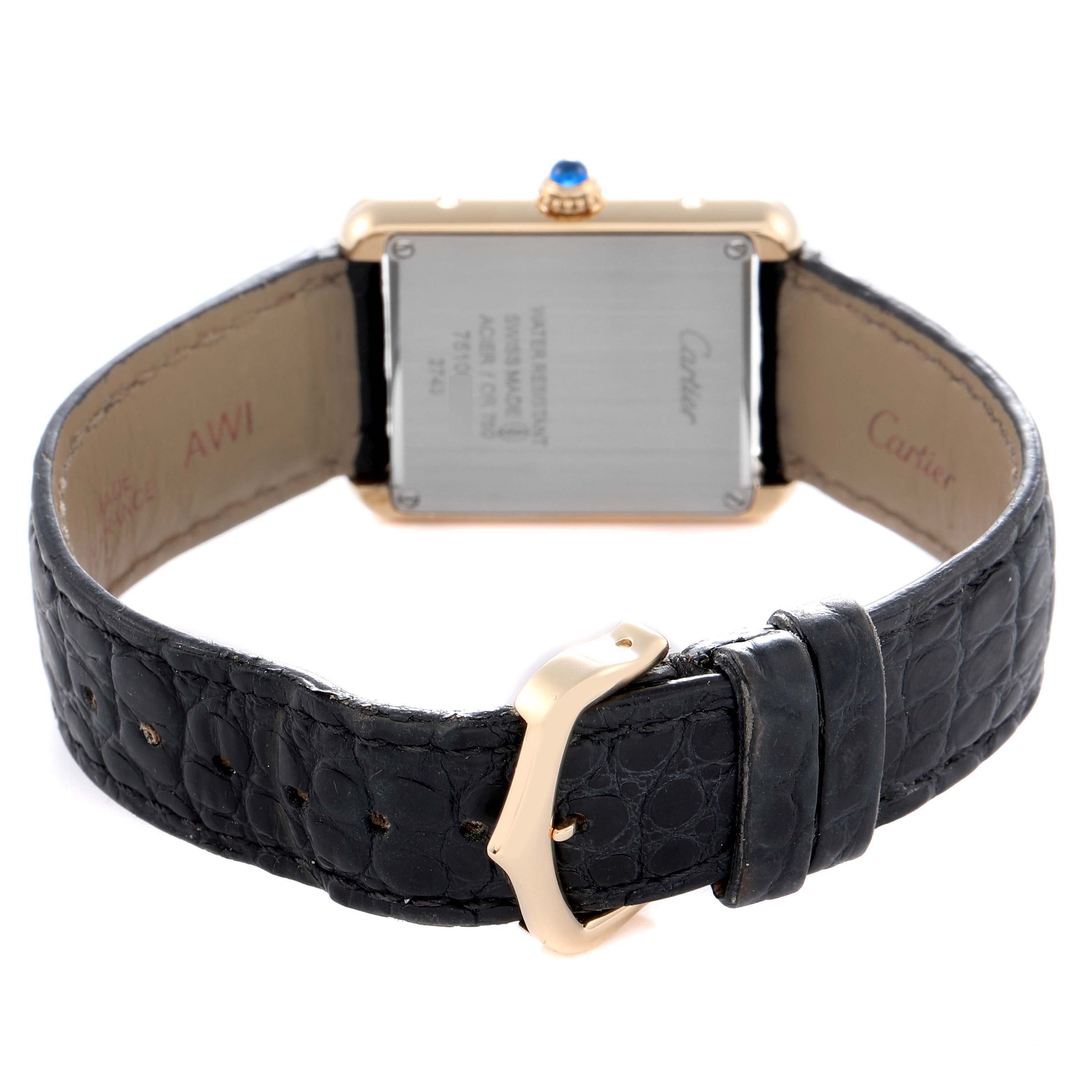 The image shows the back view of a Cartier Tank Solo W1018755 Women's Steel and Gold (two tone) Silver Dial W1018755 Women's Steel and Gold (two tone) Silver Dial watch, displaying the case back, leather strap, and buckle.