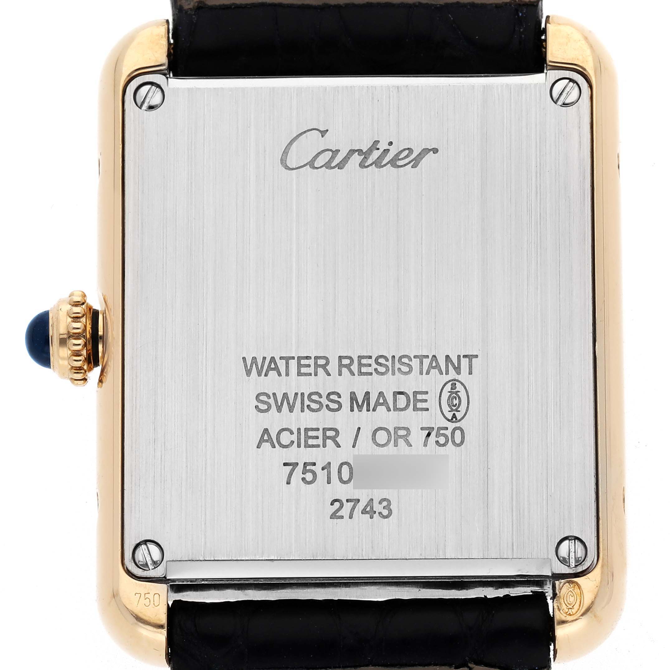 The image shows the back case of a Cartier Tank Solo W1018755 Women's Steel and Gold (two tone) Silver Dial W1018755 Women's Steel and Gold (two tone) Silver Dial watch from a direct rear angle, highlighting engravings and the crown.