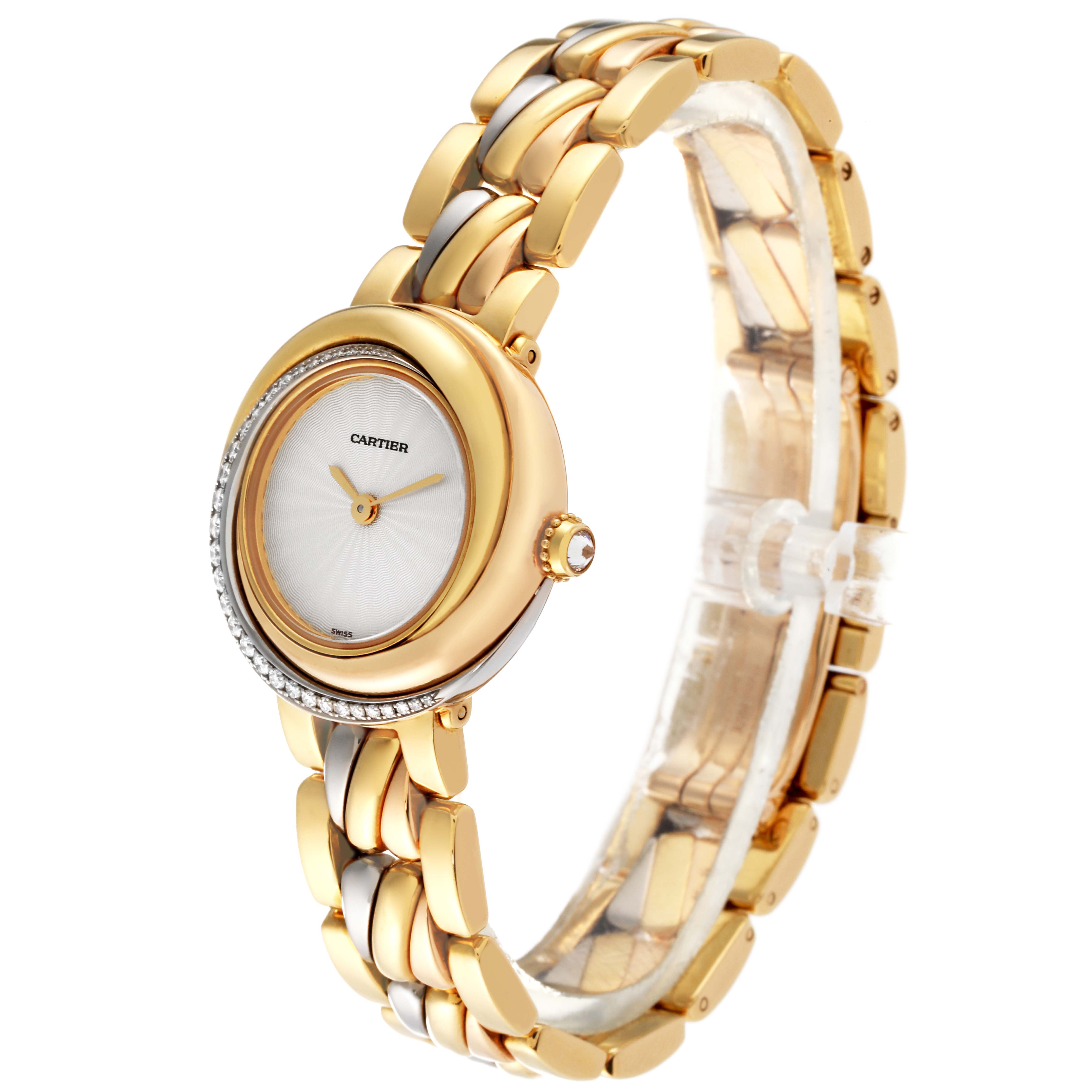 The image shows a side angle of a Cartier Trinity WG200151 Women's Yellow Gold Silver Dial WG200151 Women's Yellow Gold Silver Dial model watch, highlighting its gold bracelet, bezel, and face.