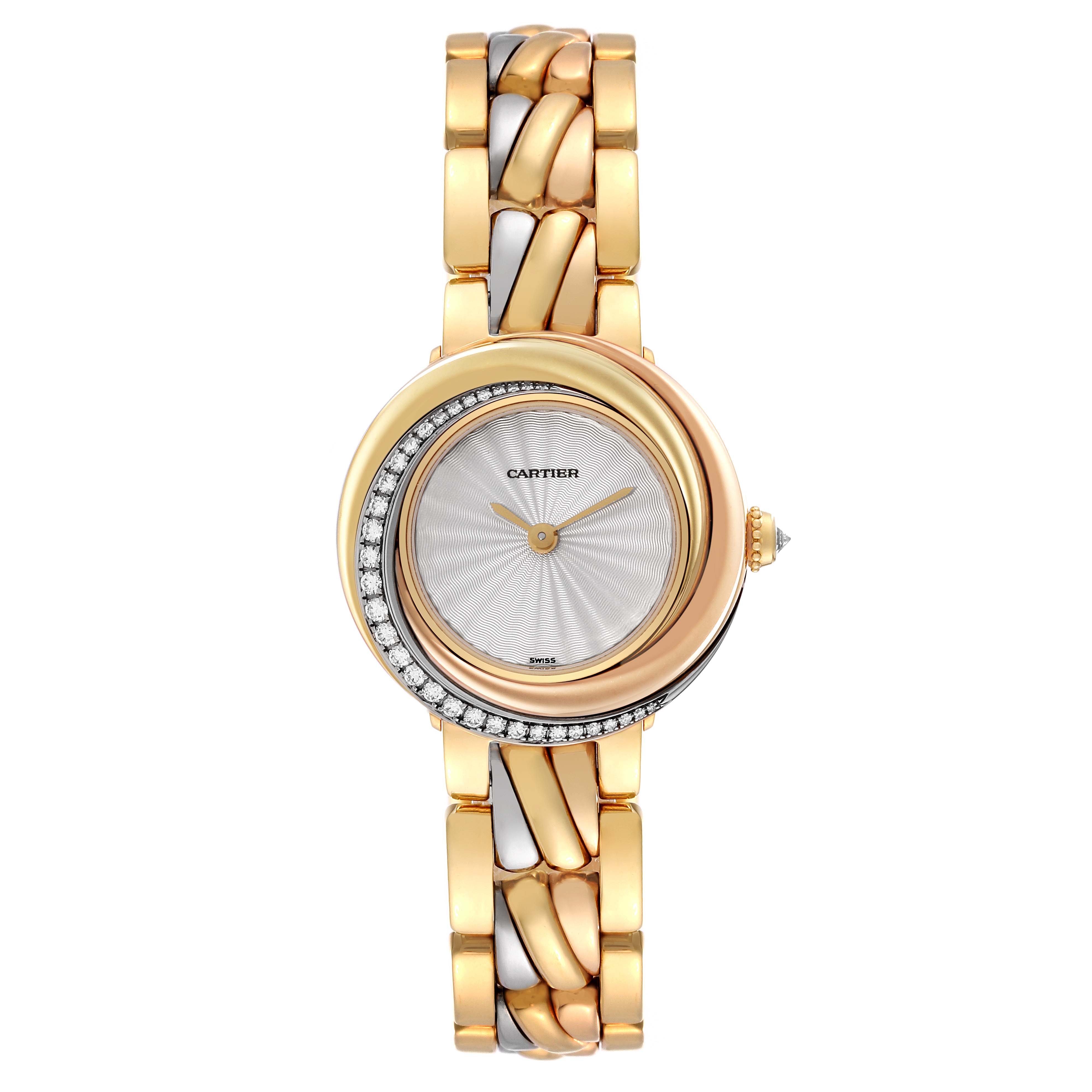 This image shows a full frontal view of the Cartier Trinity WG200151 Women's Yellow Gold Silver Dial WG200151 Women's Yellow Gold Silver Dial model watch, highlighting its gold and silver bracelet and diamond-accented bezel.