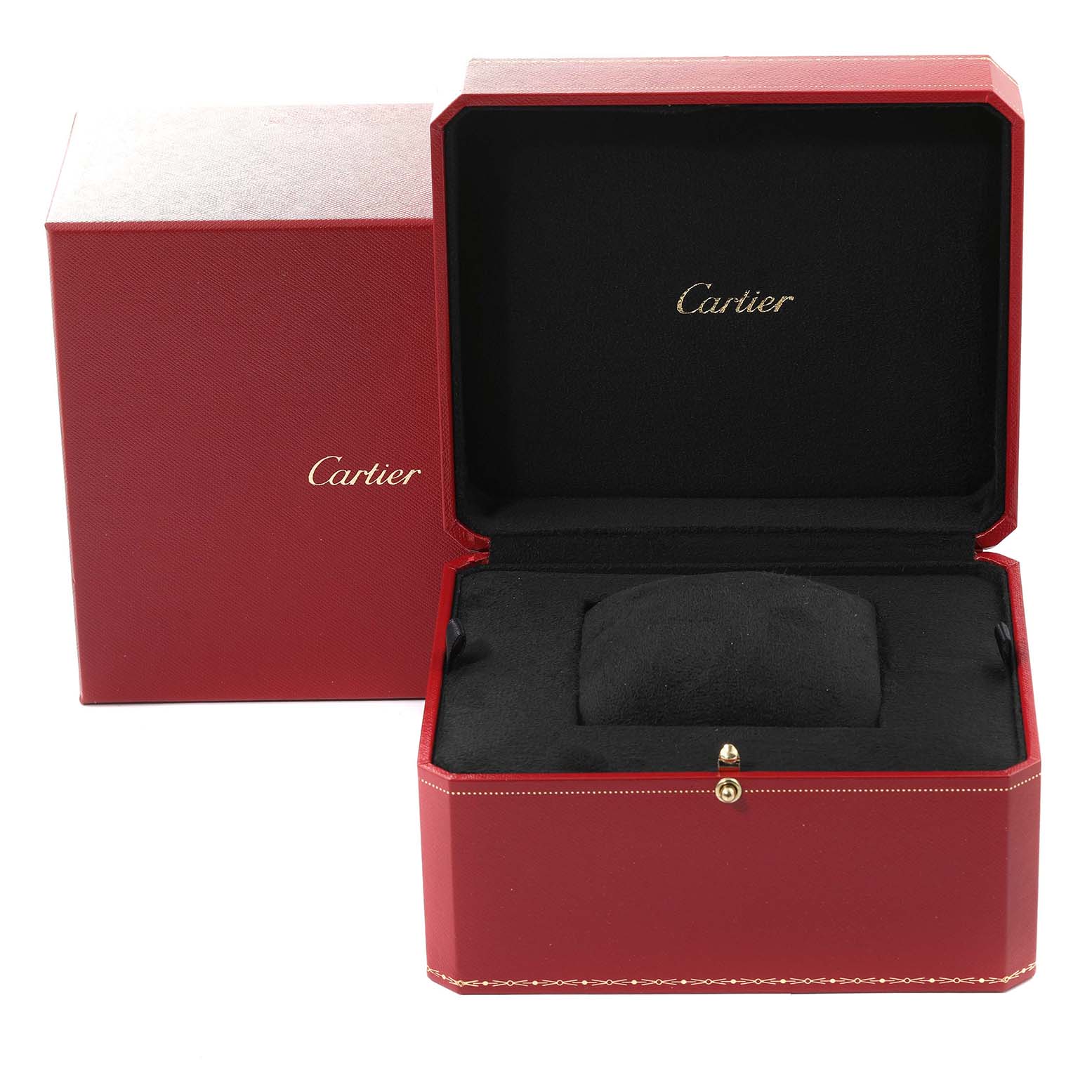 The image shows an open red Cartier box for the Trinity model watch, featuring the brand name inside.