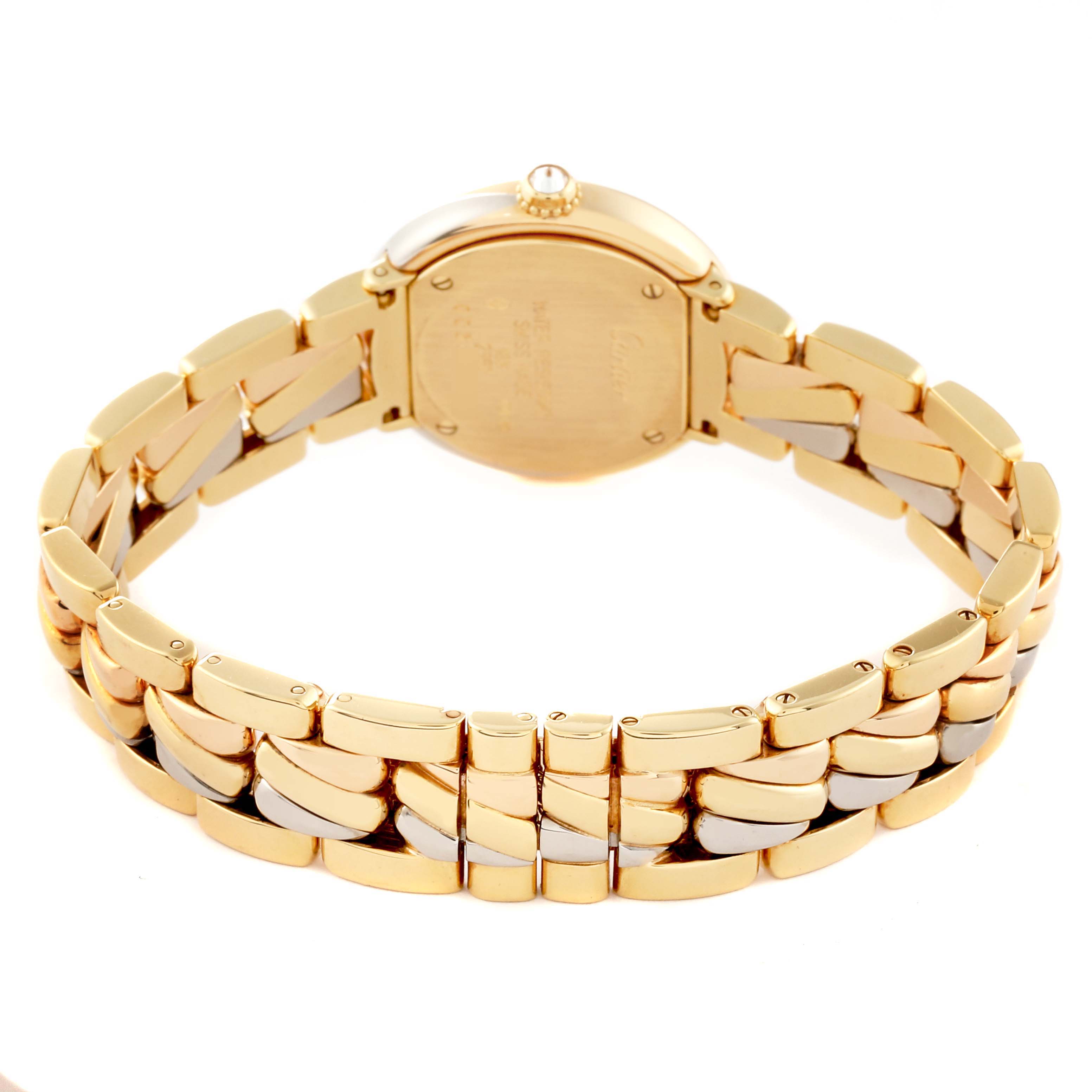 The image shows the back view of a Cartier Trinity WG200151 Women's Yellow Gold Silver Dial WG200151 Women's Yellow Gold Silver Dial model watch, highlighting its gold and silver bracelet and case back.