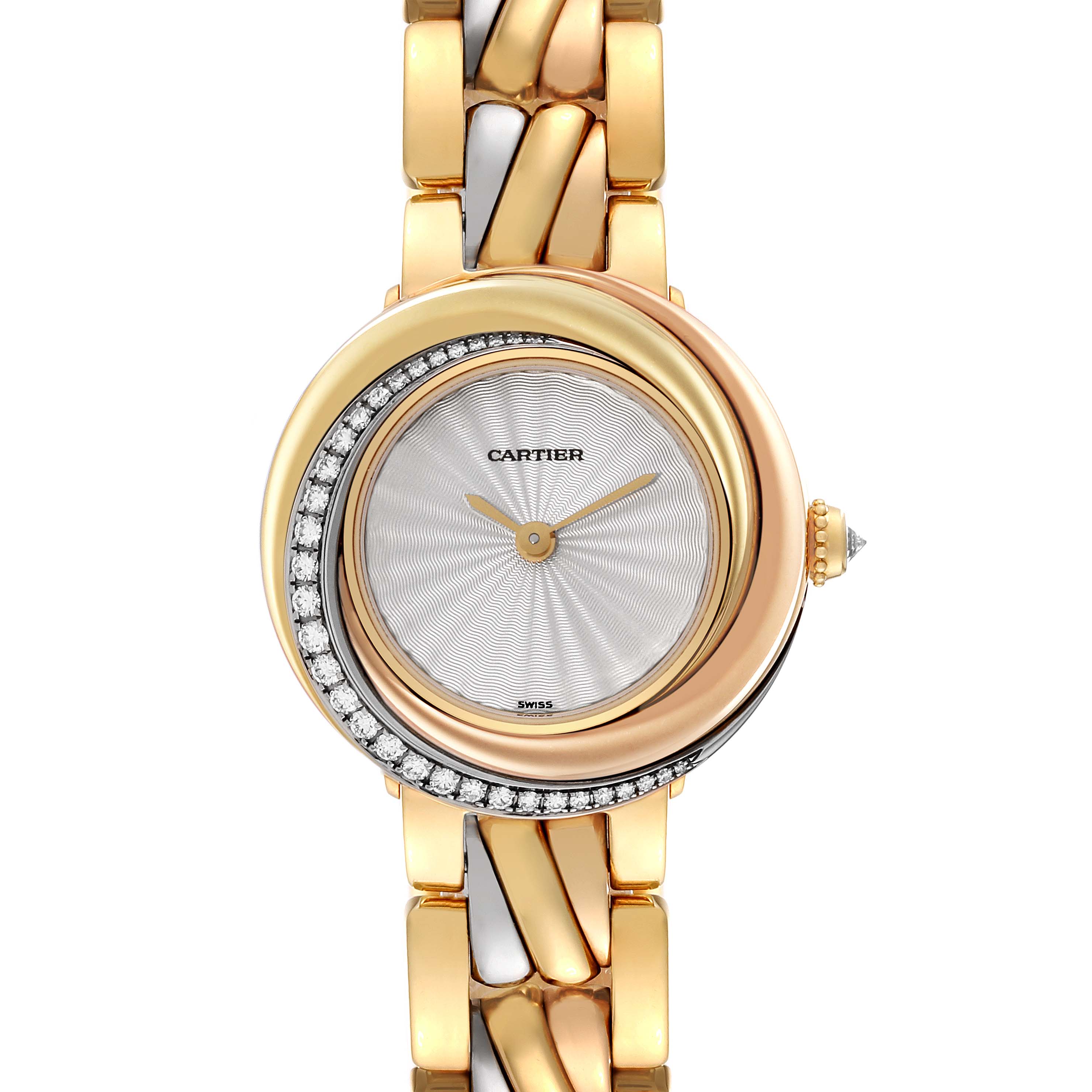 The image shows a frontal view of a Cartier Trinity WG200151 Women's Yellow Gold Silver Dial WG200151 Women's Yellow Gold Silver Dial model watch, featuring its face, bezel, and part of the bracelet.