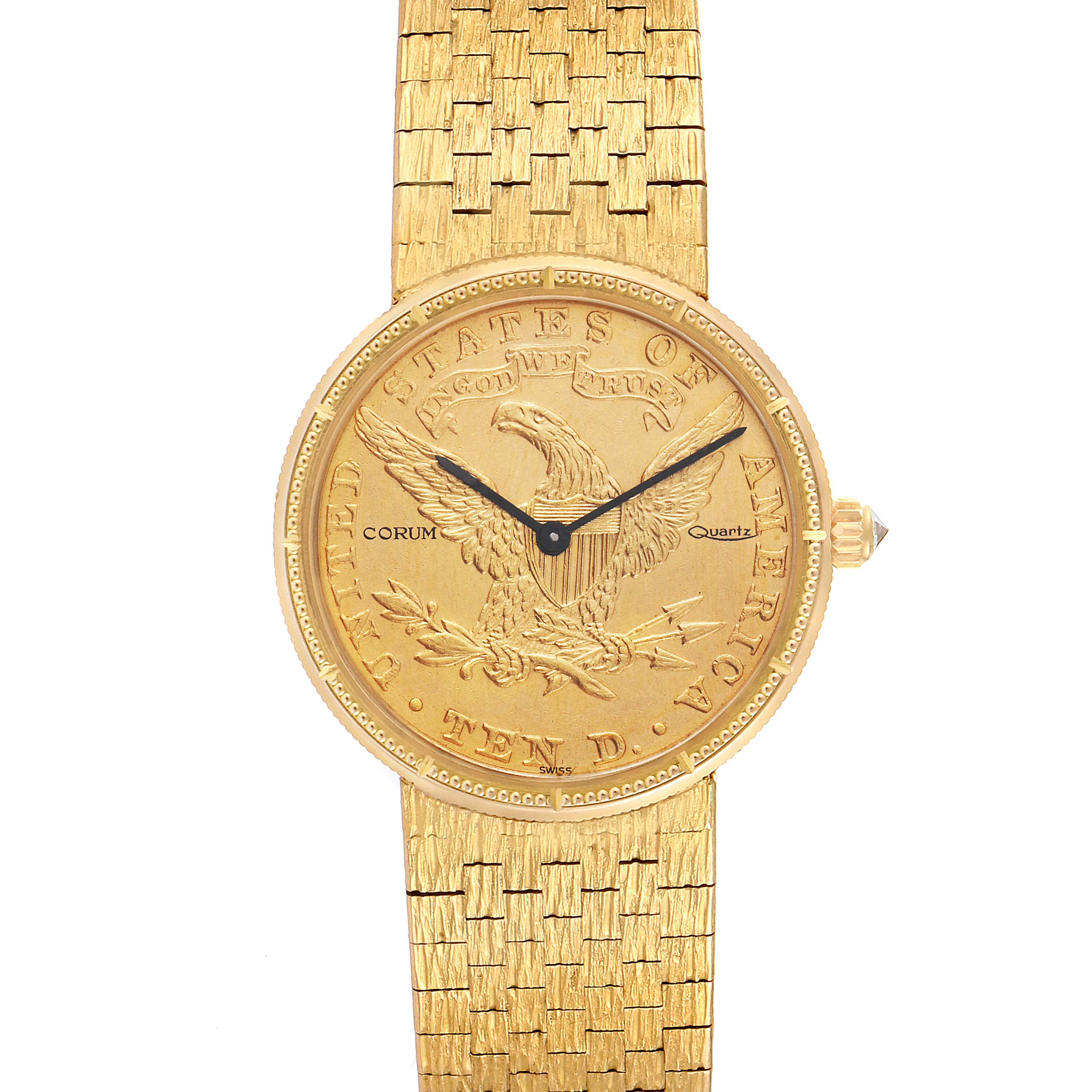 The image shows a front view of the Corum 1901 Women's Yellow Gold Black Dial 1901 Women's Yellow Gold Black Dial Coin 10 Dollars Eagle Yellow Gold Ladies Watch 1901 model, displaying its face, hands, and bracelet.
