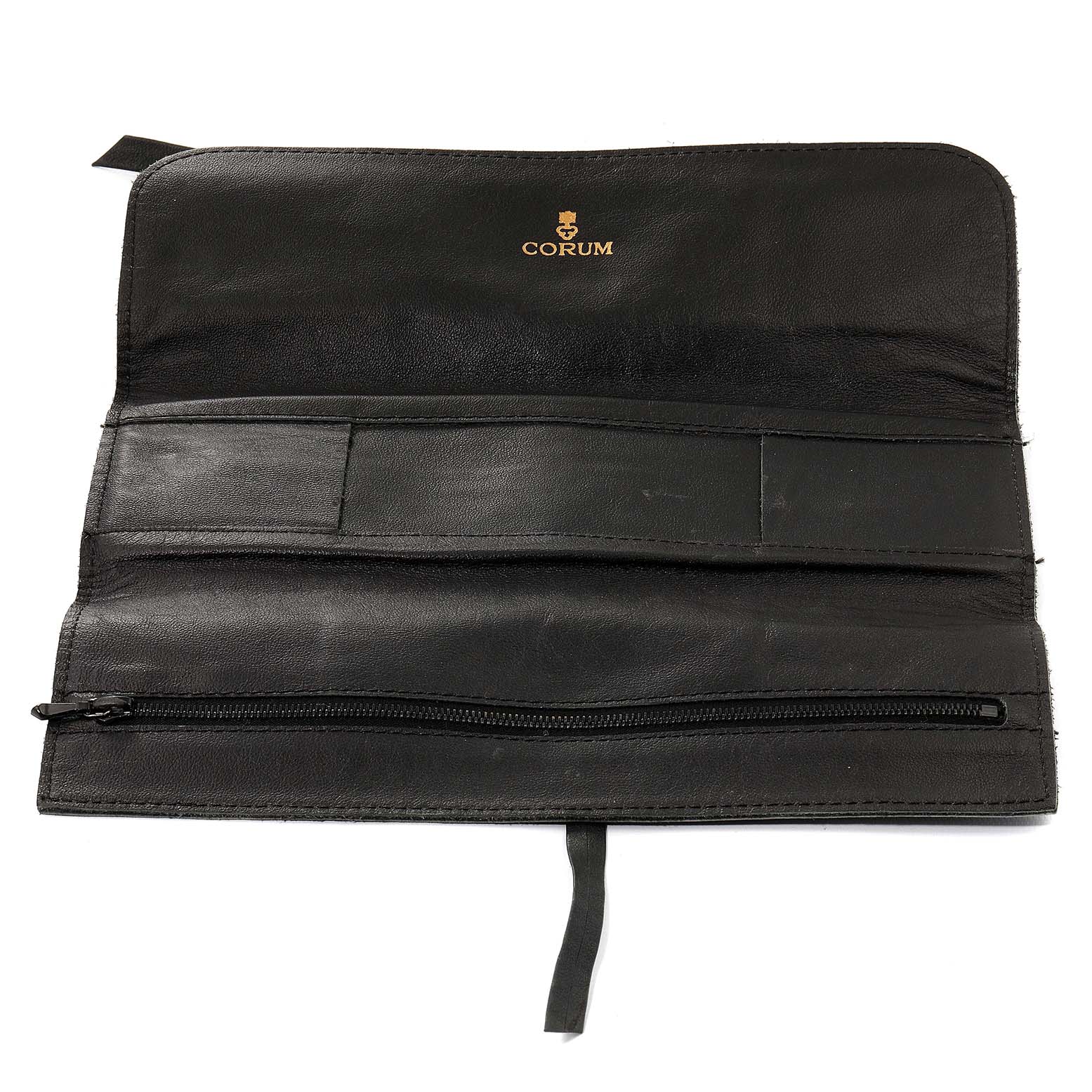 The image shows a black leather watch case for the Corum 1901 Women's Yellow Gold Black Dial 1901 Women's Yellow Gold Black Dial Coin 10 Dollars Eagle Yellow Gold Ladies Watch 1901 model, open to reveal compartments and a zipper.