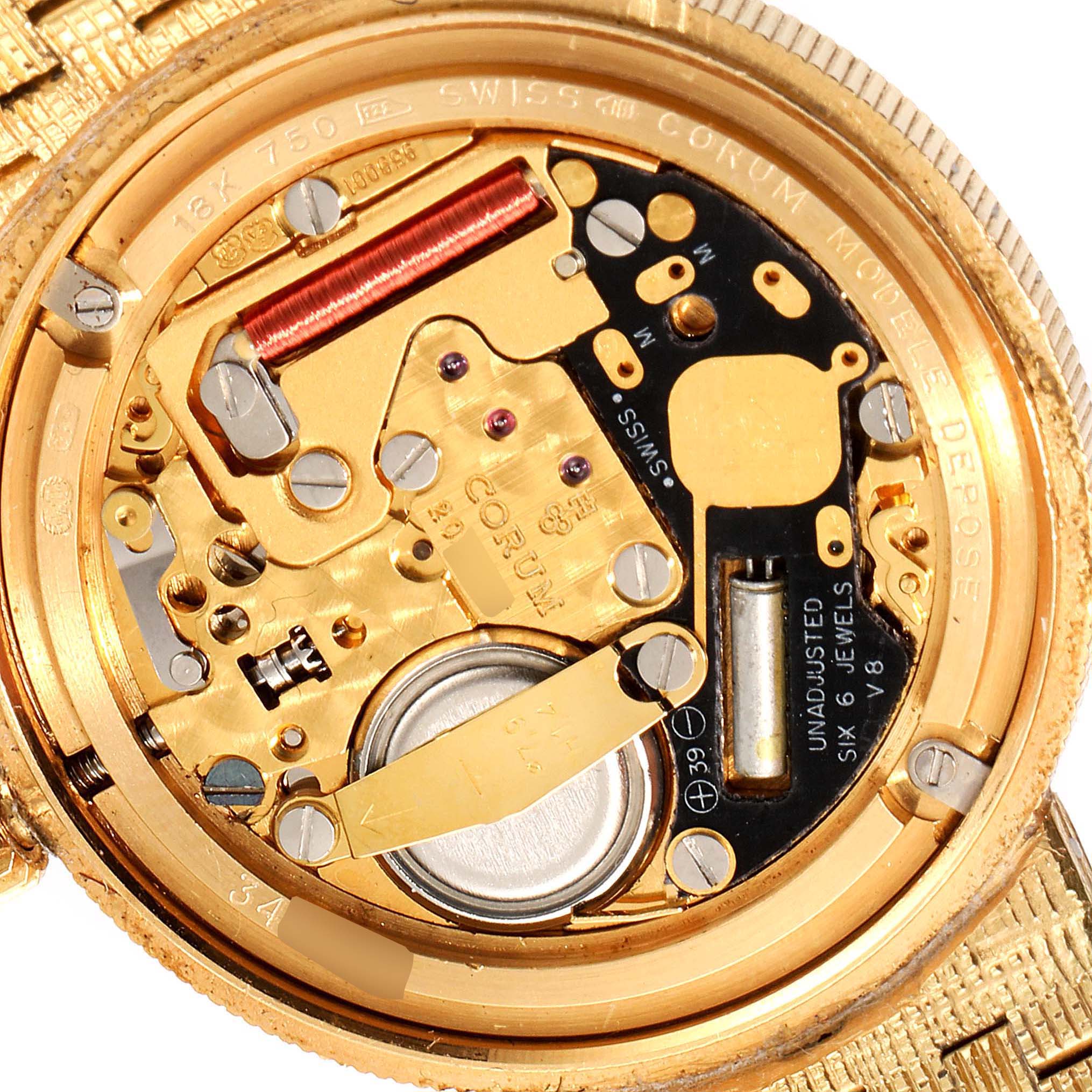 This image shows the internal mechanism of the Corum 1901 Women's Yellow Gold Black Dial 1901 Women's Yellow Gold Black Dial Coin 10 Dollars Eagle Yellow Gold Ladies Watch 1901 model from the back angle.