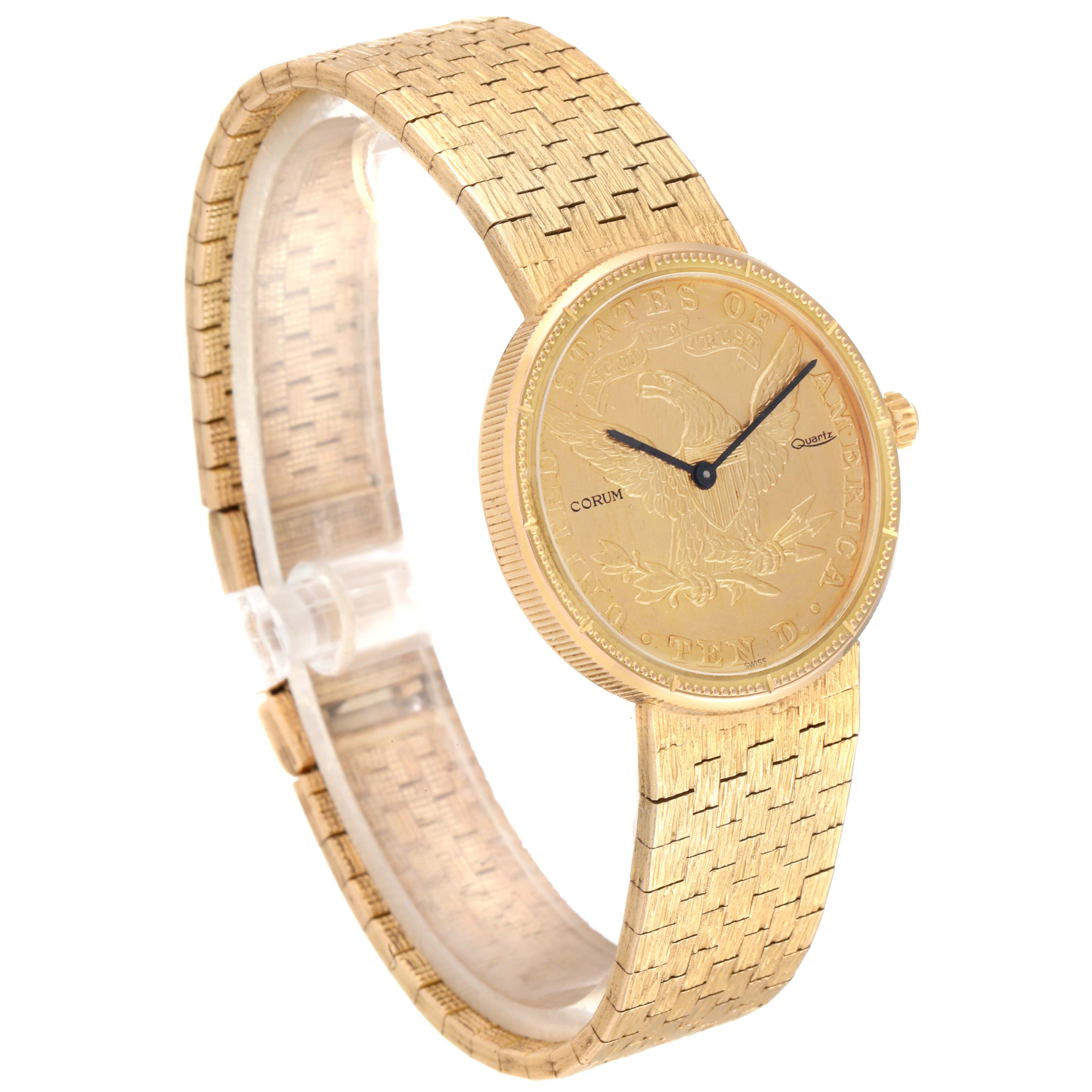 The image shows a side-angle view of the Corum 1901 Women's Yellow Gold Black Dial 1901 Women's Yellow Gold Black Dial Coin 10 Dollars Eagle Yellow Gold Ladies Watch 1901 model, highlighting the face and band.