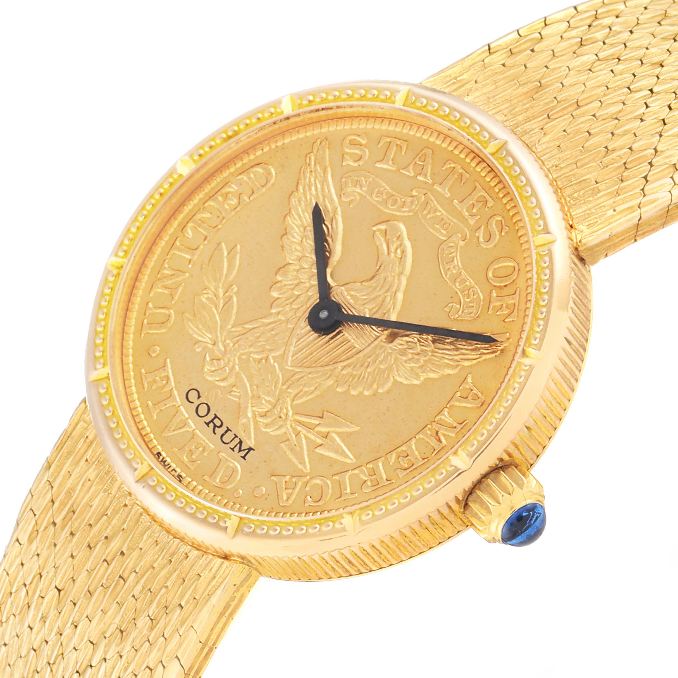 This image shows a Corum 1902 Women's Yellow Gold Black Dial 1902 Women's Yellow Gold Black Dial Coin 5 Dollars Double Eagle Yellow Gold Ladies Watch 1902 model, highlighting the face and part of the band.