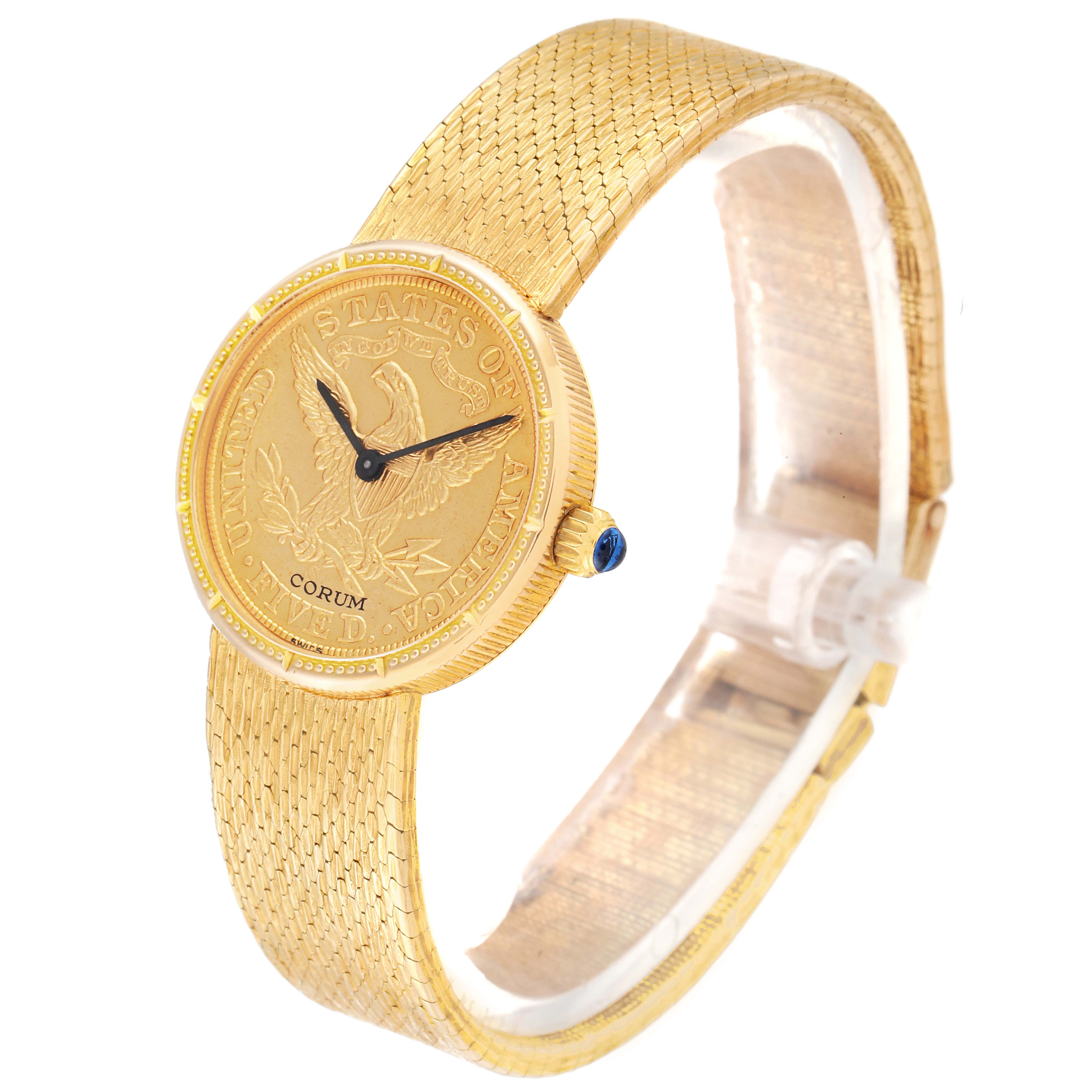 The image shows a Corum 1902 Women's Yellow Gold Black Dial 1902 Women's Yellow Gold Black Dial Coin 5 Dollars Double Eagle Yellow Gold Ladies Watch 1902 model at a slight angle, highlighting its golden bracelet and engraved coin dial.