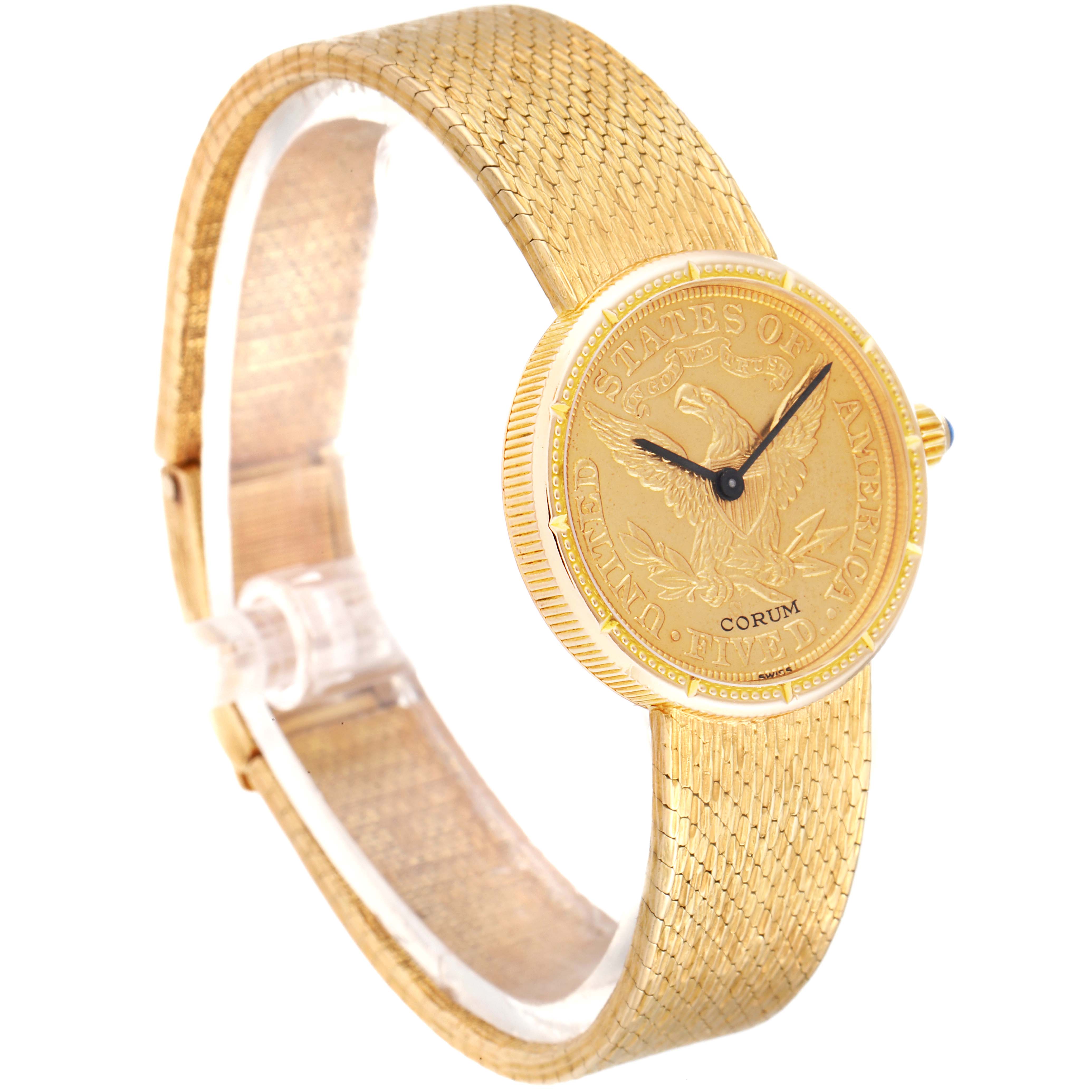 The Corum 1902 Women's Yellow Gold Black Dial 1902 Women's Yellow Gold Black Dial Coin 5 Dollars Double Eagle Yellow Gold Ladies Watch 1902 model is shown at a 3/4 angle, highlighting the front and side.