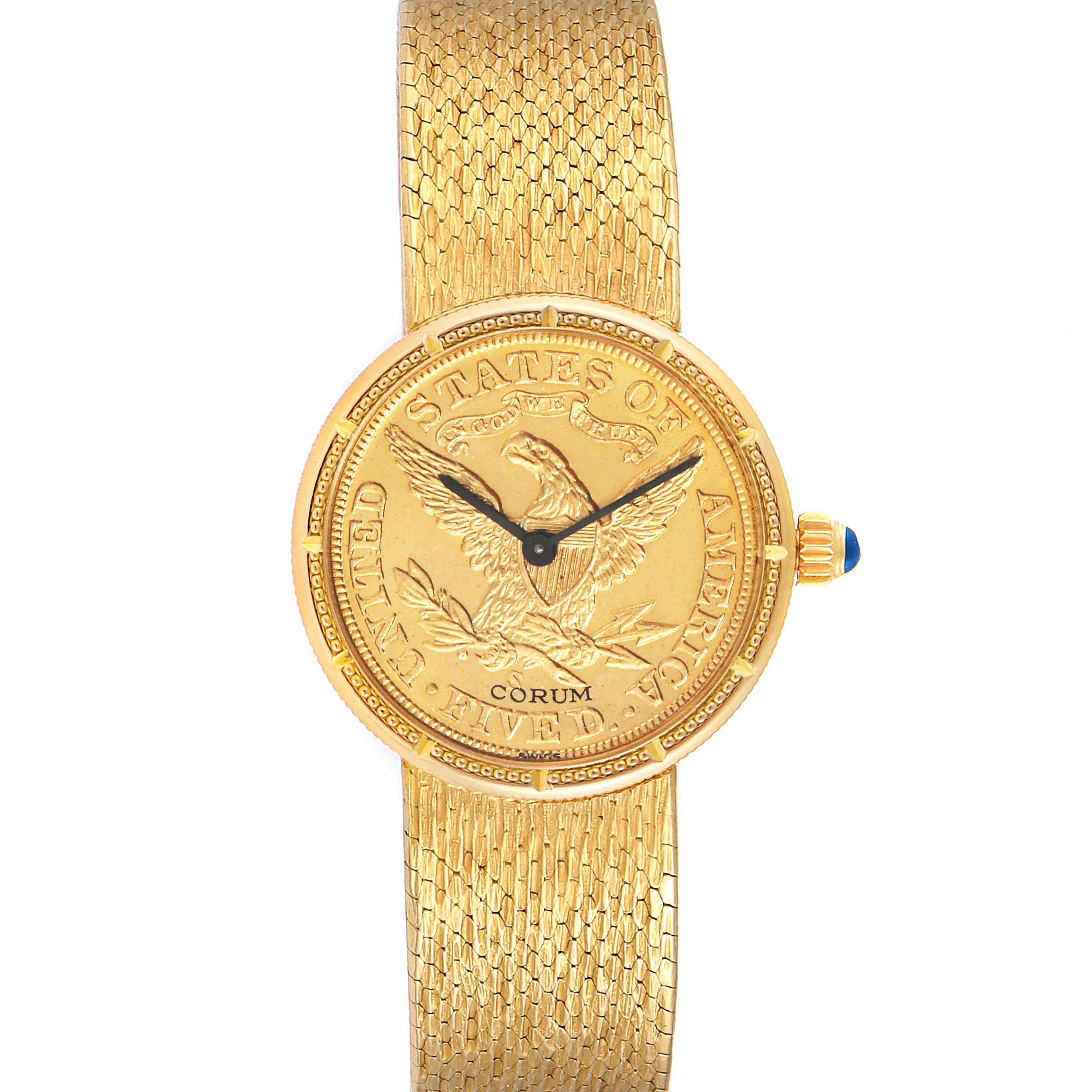 The Corum 1902 Women's Yellow Gold Black Dial 1902 Women's Yellow Gold Black Dial Coin 5 Dollars Double Eagle Yellow Gold Ladies Watch 1902 model is shown from a top-down angle, highlighting its intricate gold design and band.