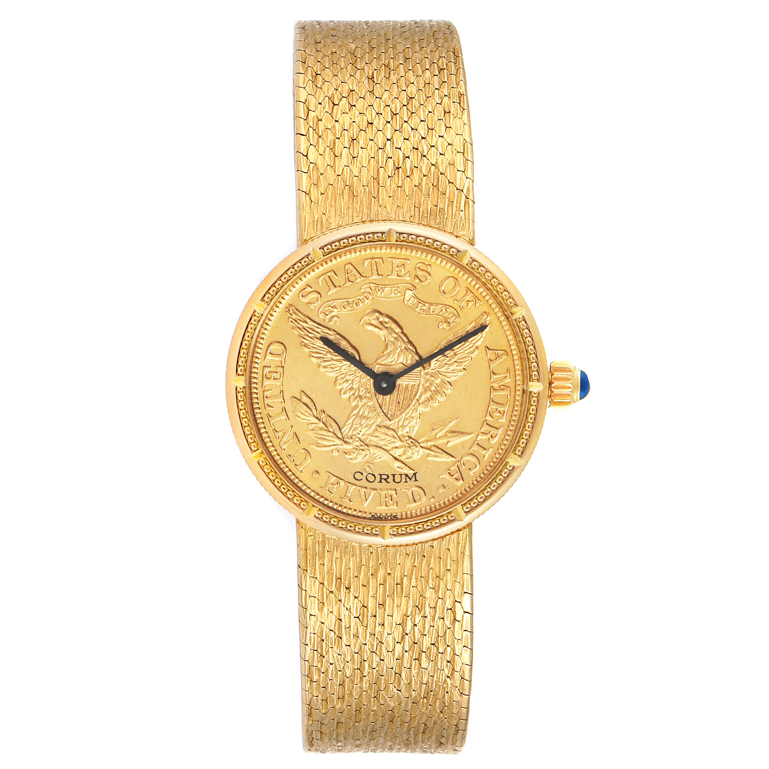 The image shows the Corum 1902 Women's Yellow Gold Black Dial 1902 Women's Yellow Gold Black Dial Coin 5 Dollars Double Eagle Yellow Gold Ladies Watch 1902 model from a top view, displaying the face, hands, and strap.