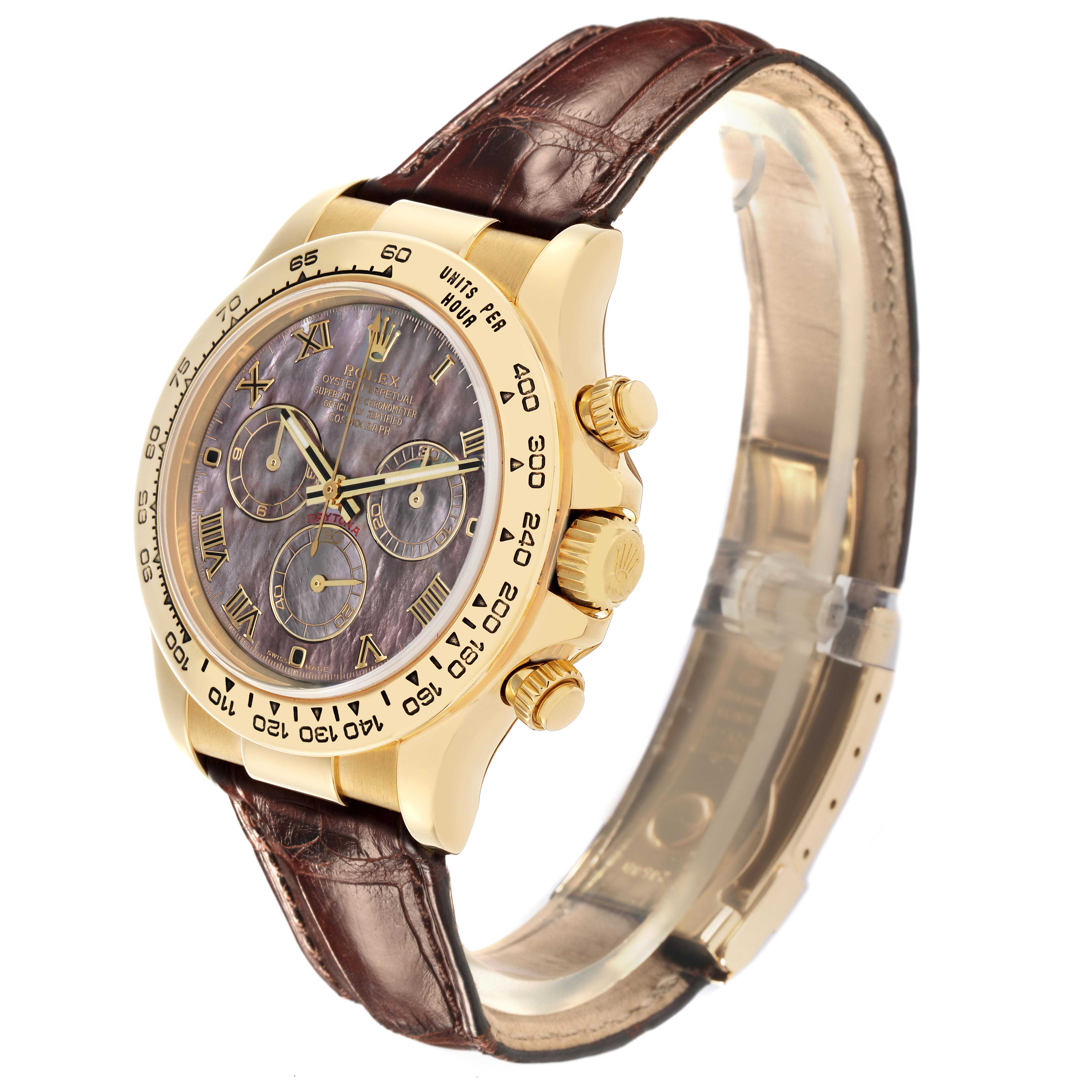 The Rolex Daytona 116518 Men
s Yellow Gold Mother of Pearl Dial 116518 Men
s Yellow Gold Mother of Pearl Dial watch is shown at a three-quarter angle, highlighting the face, side pushers, and leather strap.