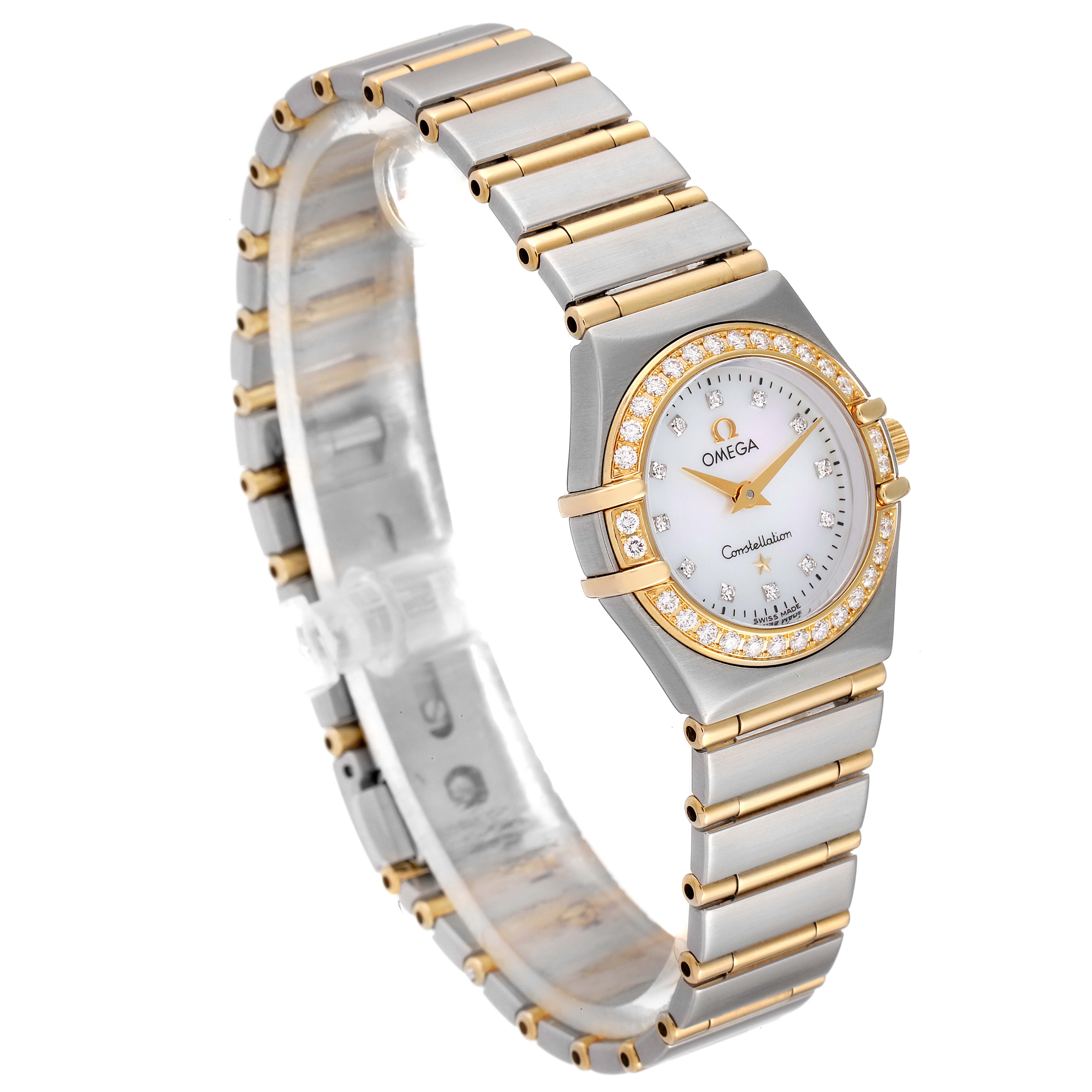 This image shows an Omega 1267.75.00 Women
s Steel and Gold (two tone) Mother of Pearl Dial 1267.75.00 Women
s Steel and Gold (two tone) Mother of Pearl Dial Constellation 95 Mother of Pearl Diamond Watch 1267.75.00, displayed at an angled view with its band and face visible.