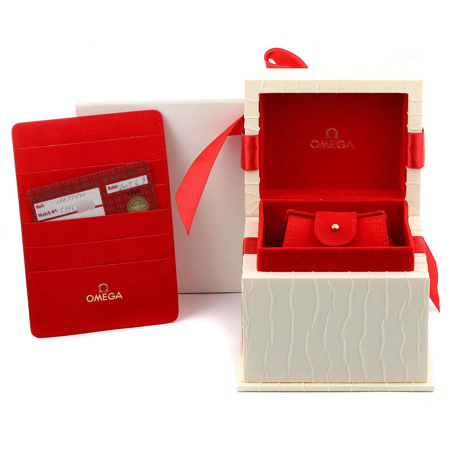 The image shows the box and card of the Omega 1267.75.00 Women
s Steel and Gold (two tone) Mother of Pearl Dial 1267.75.00 Women
s Steel and Gold (two tone) Mother of Pearl Dial Constellation 95 Mother of Pearl Diamond Watch 1267.75.00.