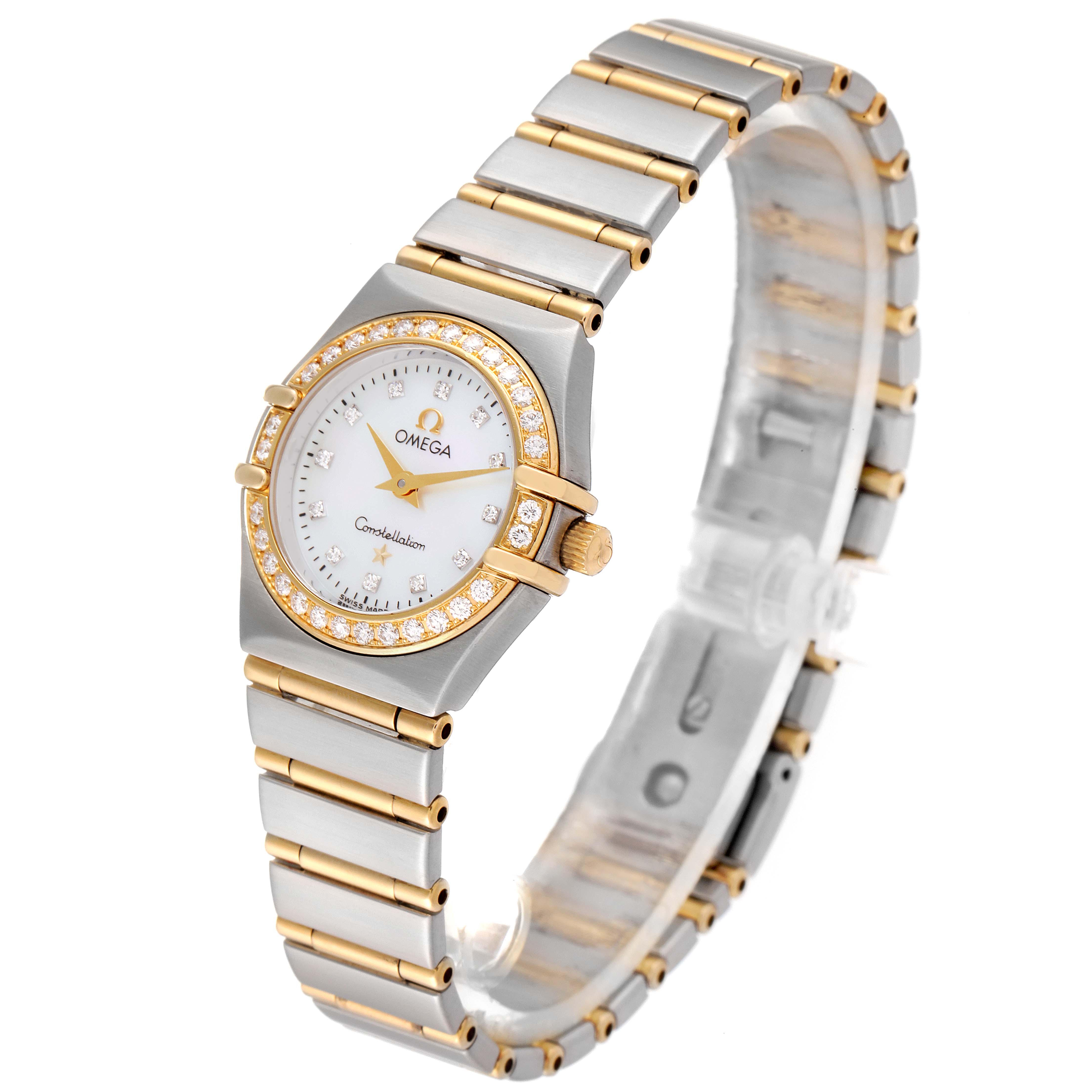 This image shows the Omega 1267.75.00 Women
s Steel and Gold (two tone) Mother of Pearl Dial 1267.75.00 Women
s Steel and Gold (two tone) Mother of Pearl Dial Constellation 95 Mother of Pearl Diamond Watch 1267.75.00 from a front-side angle, highlighting the face and bracelet.